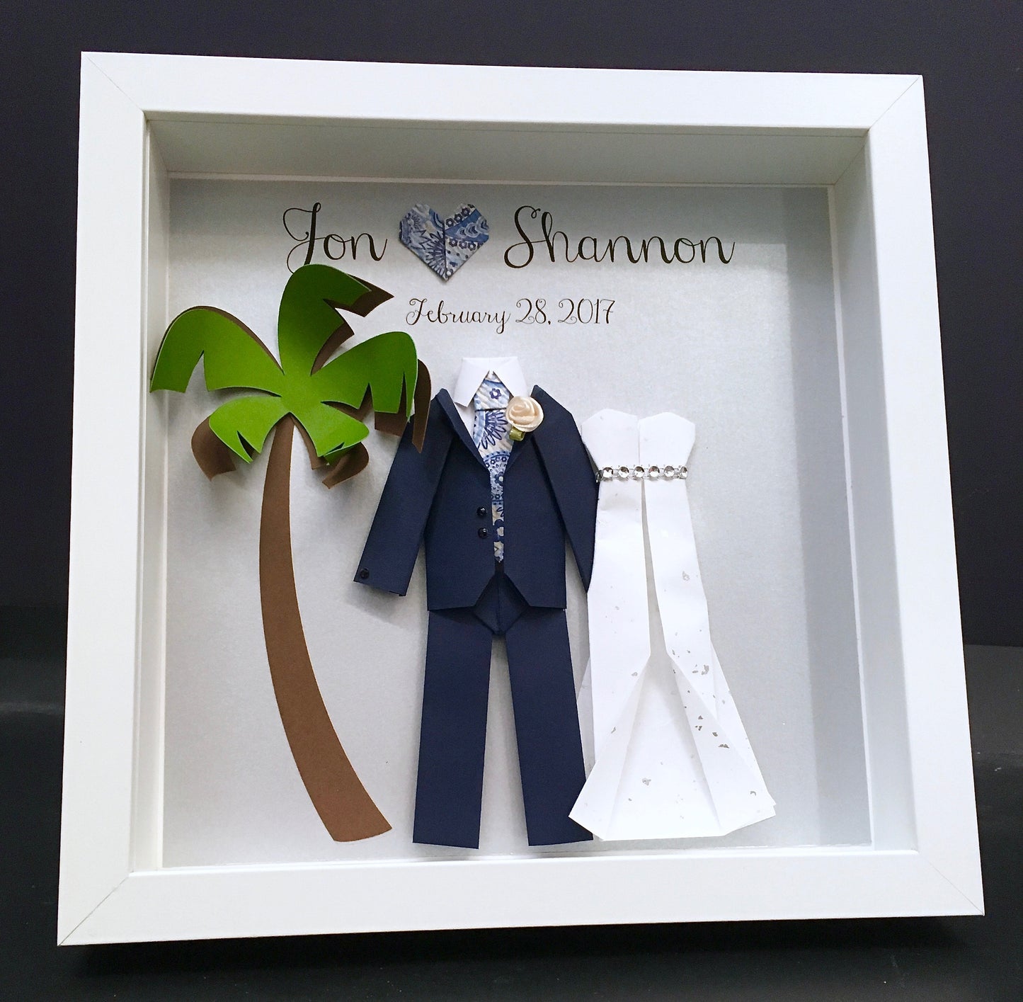 Personalized Destination Wedding Gift, First Anniversary Engagement Gift Paper Origami Bride & Groom with Palmtree Shadowbox Frame Wall Art