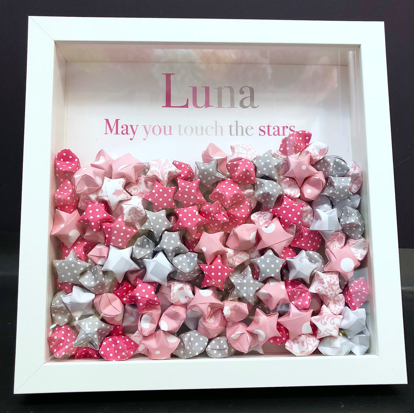 Personalized Name Frame with Pink and Grey Lucky Stars, Baby Girl Frame Custom New Baby Girl Shower Gift, Pink Stars Nursery Decor Wall Art