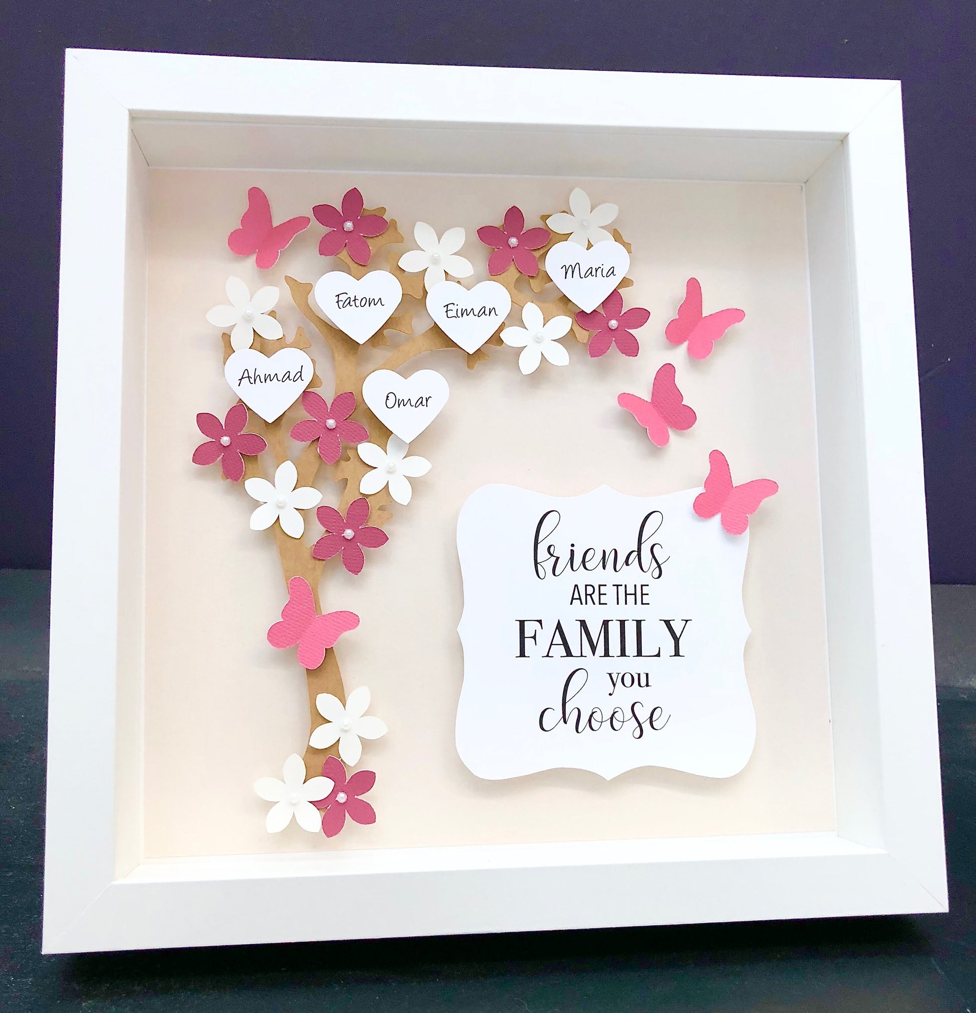 Personalized Family Tree Frame with Flowers, Hearts, and Butterfies 3D Paper Art Shadowbox Frame