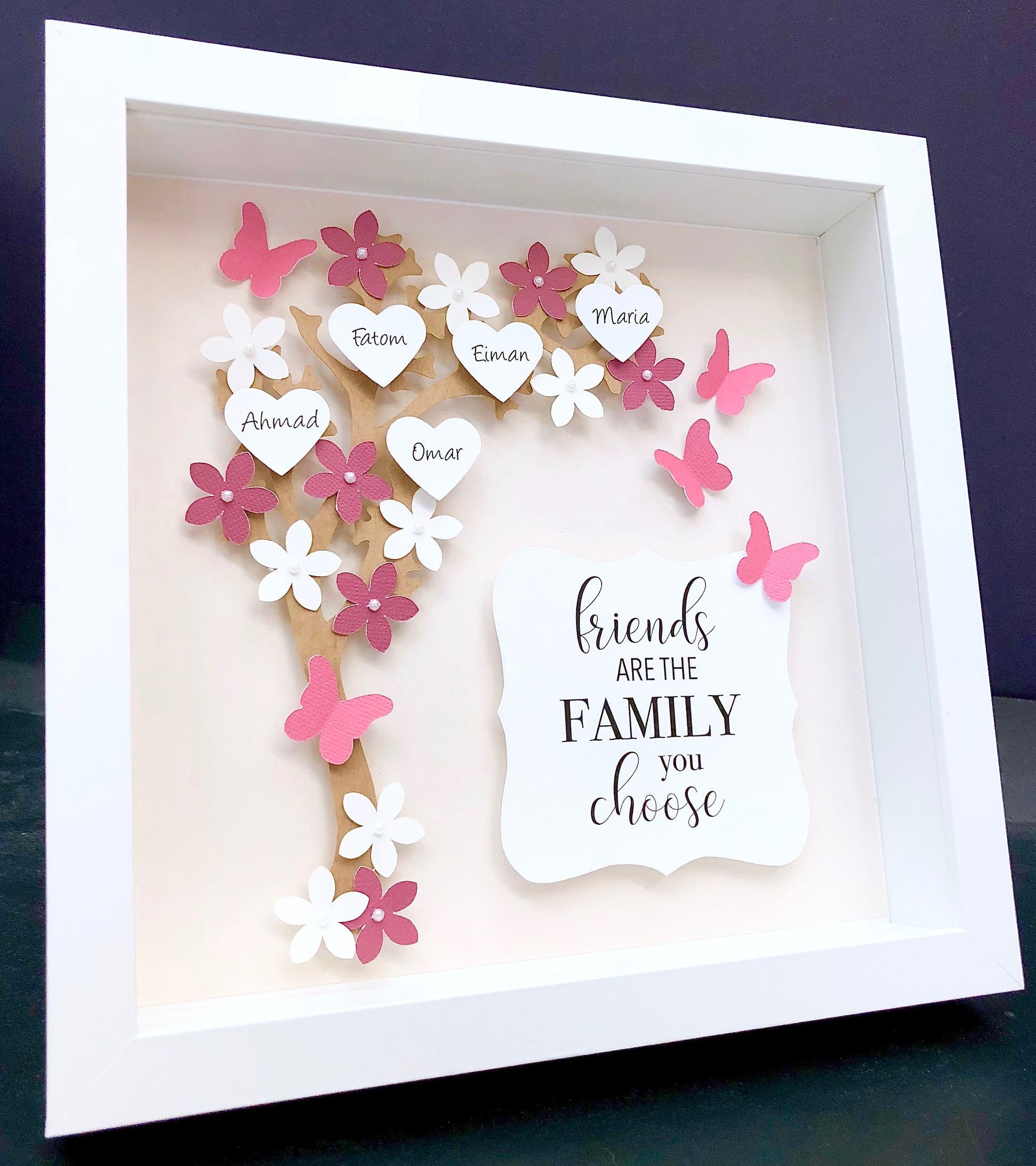 Personalized Family Tree Frame with Flowers, Hearts, and Butterfies 3D Paper Art Shadowbox Frame