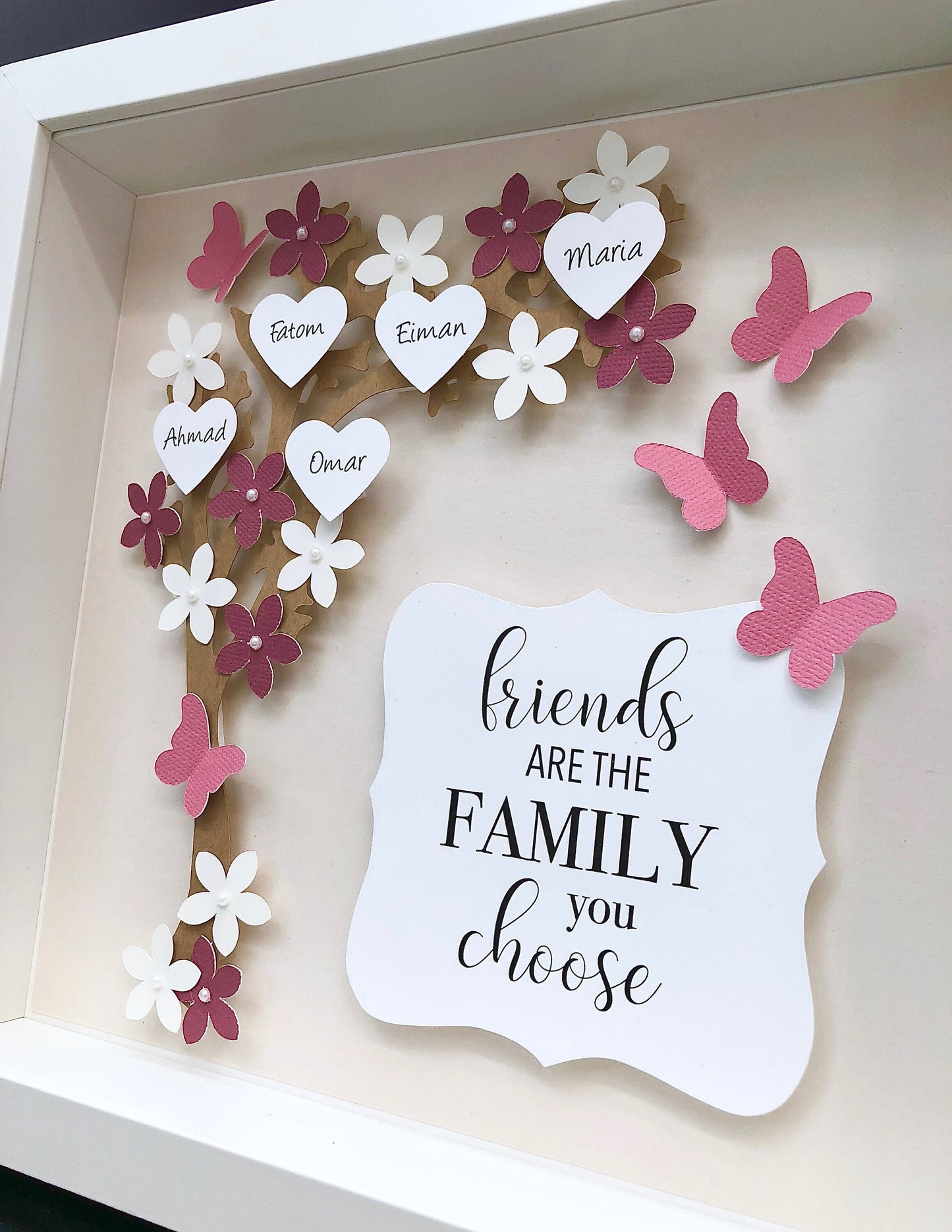 Personalized Family Tree Frame with Flowers, Hearts, and Butterfies 3D Paper Art Shadowbox Frame