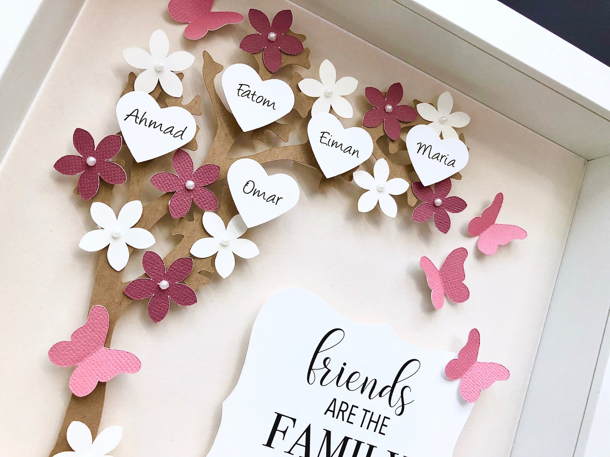 Personalized Family Tree Frame with Flowers, Hearts, and Butterfies 3D Paper Art Shadowbox Frame