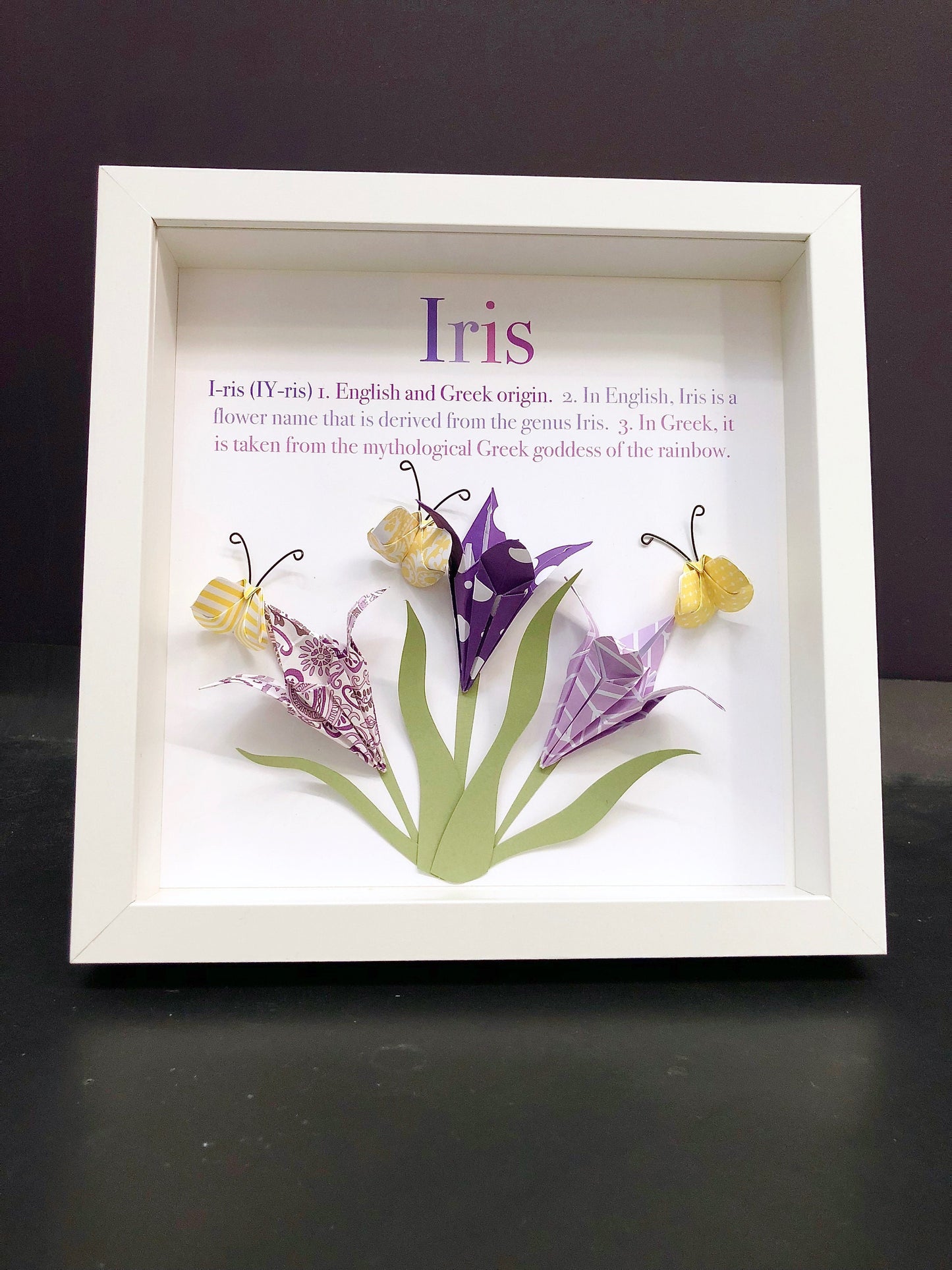 Baby Girl Frame with Name Origin and Meaning Custom Paper Art of Iris & Butterflies for Baby Girl Shower Gift, Nursery Decor Wall Art