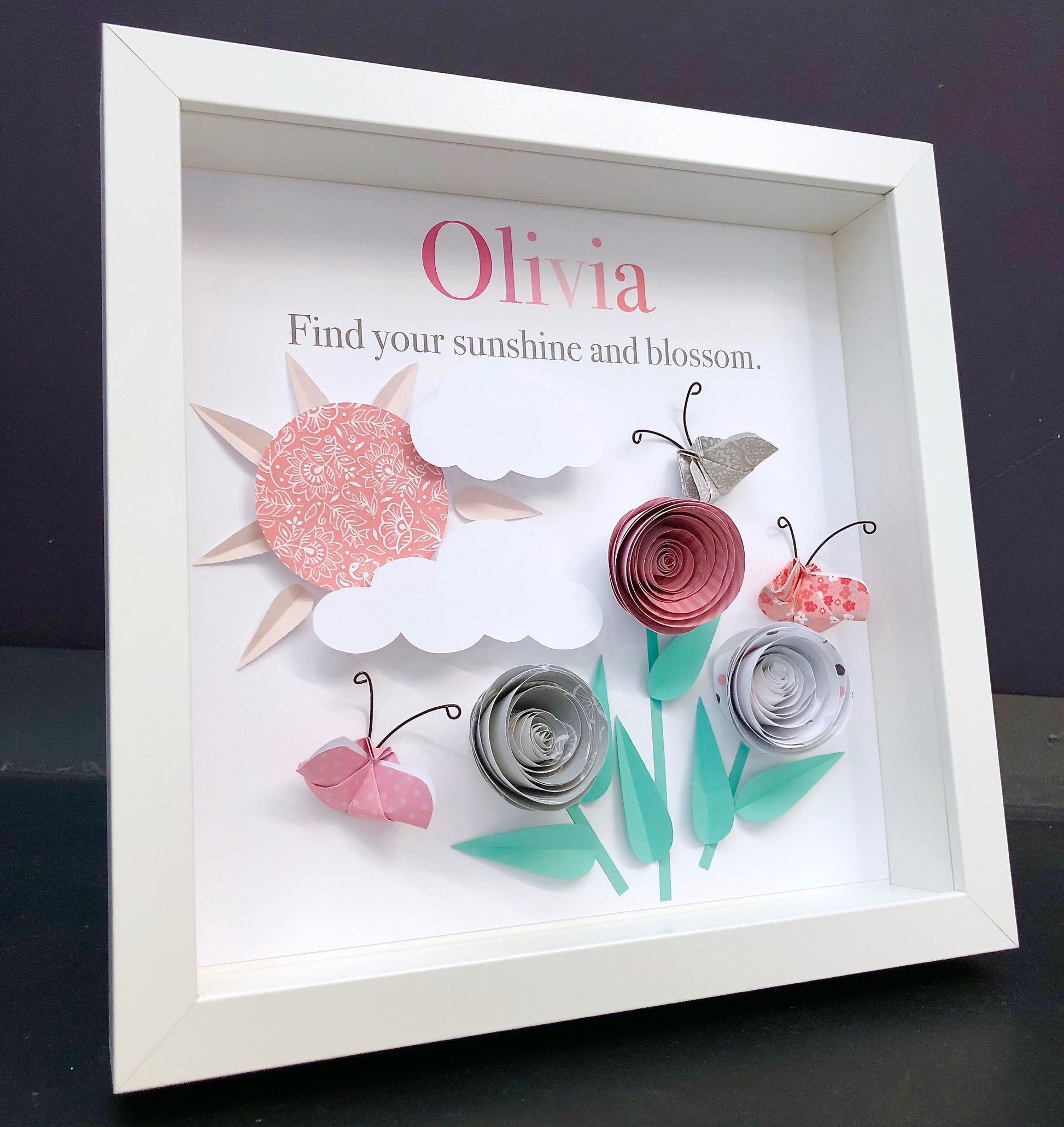 Personalized Baby Name Frame with Origin and Meaning Paper Origami Roses, Butterflies, and Sun Baby Girl Shower Gift Nursery Decor Wall Art