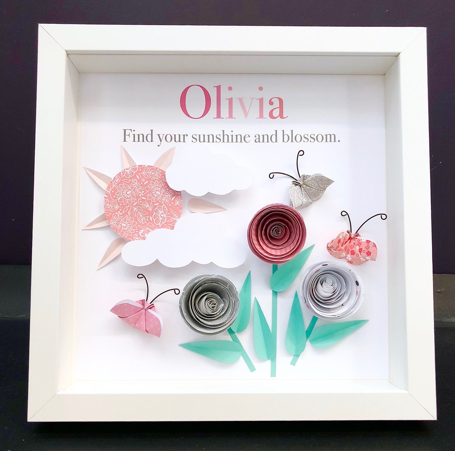 Personalized Baby Name Frame with Origin and Meaning Paper Origami Roses, Butterflies, and Sun Baby Girl Shower Gift Nursery Decor Wall Art