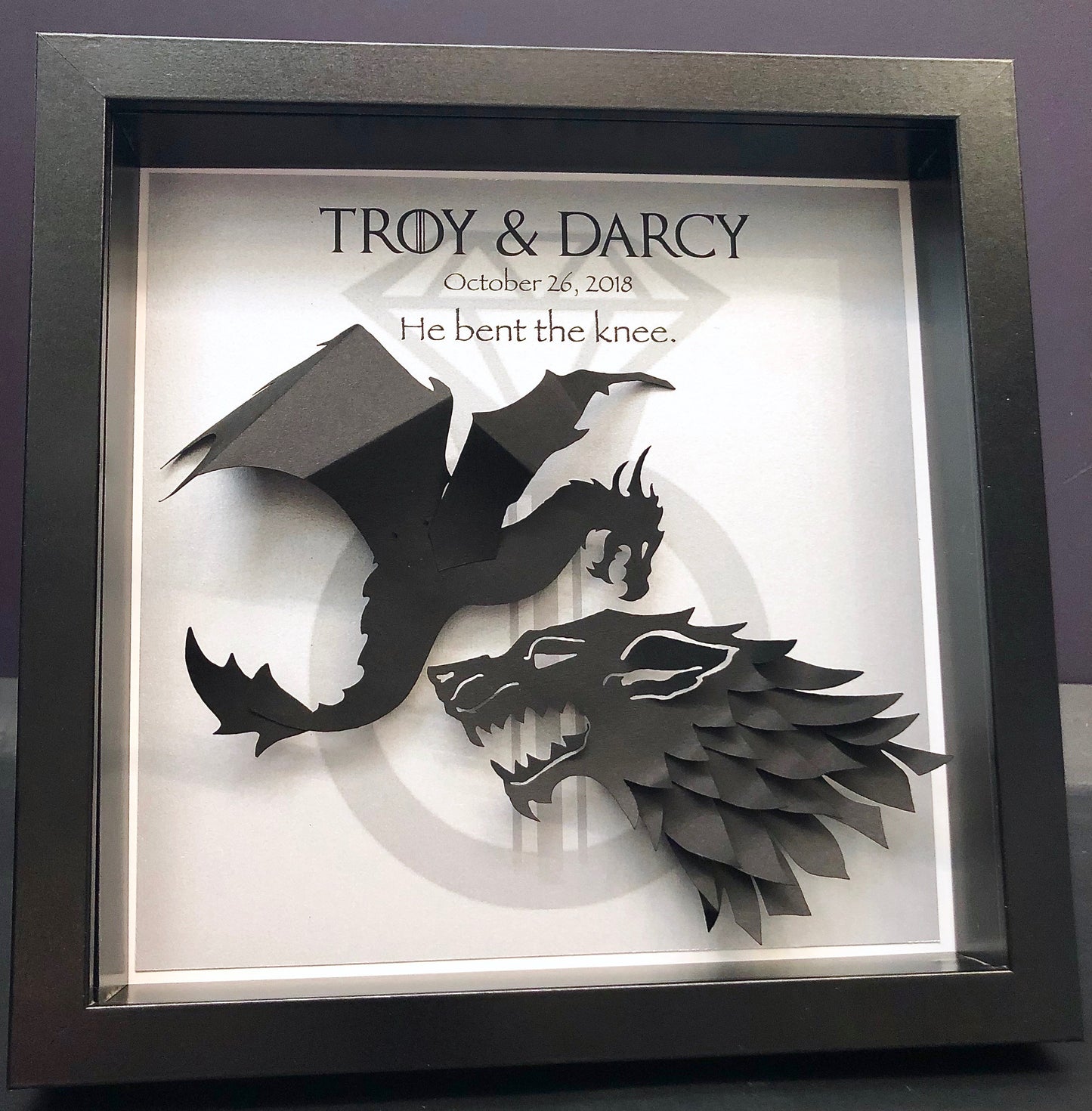 Game of Thrones Wedding Gift, GOT Frame, Game of Thrones Anniversary Gift, He Bent the Knee, House Stark House Targaryen, Dragon & Direwolf