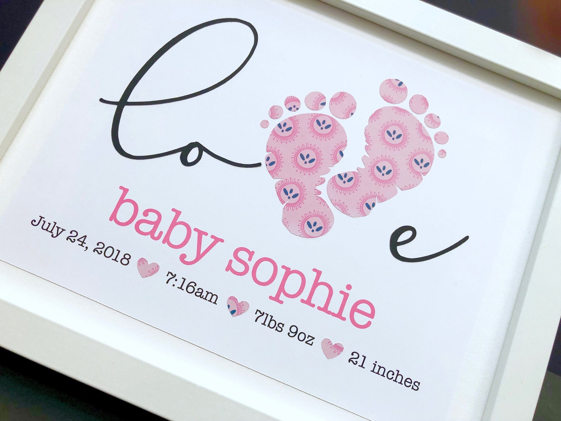 Personalized Baby Name Frame with Baby Footprints, Name & Birth Info, Custom Paper Art, New Baby Shower Gift, Custom Nursery Decor Wall Art