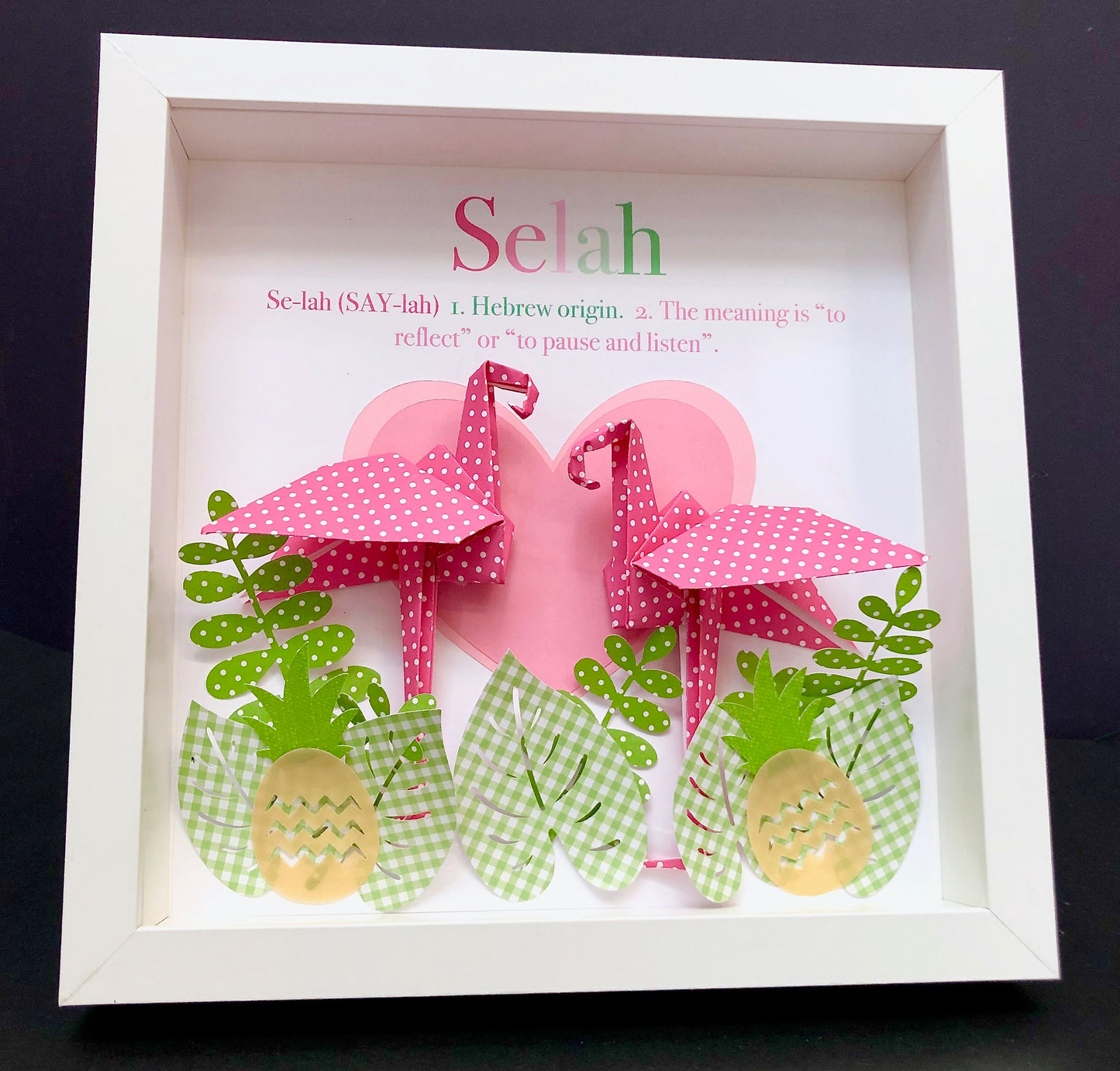 Personalized Baby Girl Frame with Name Origin & Meaning Custom Paper Art of Pink Flamingos for Baby Shower Gift, Pink Flamingo Nursery Decor