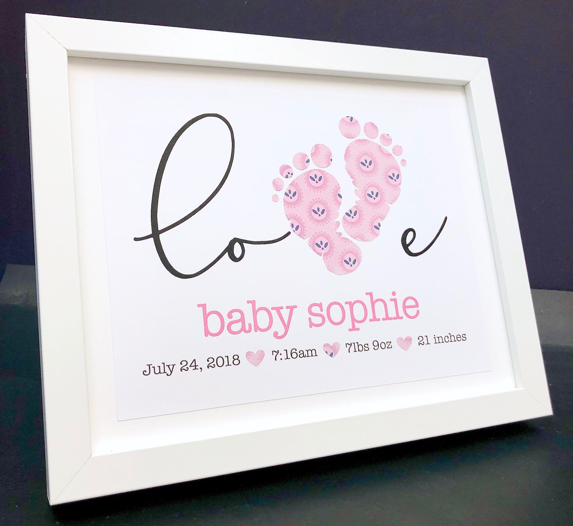 Personalized Baby Name Frame with Baby Footprints, Name & Birth Info, Custom Paper Art, New Baby Shower Gift, Custom Nursery Decor Wall Art