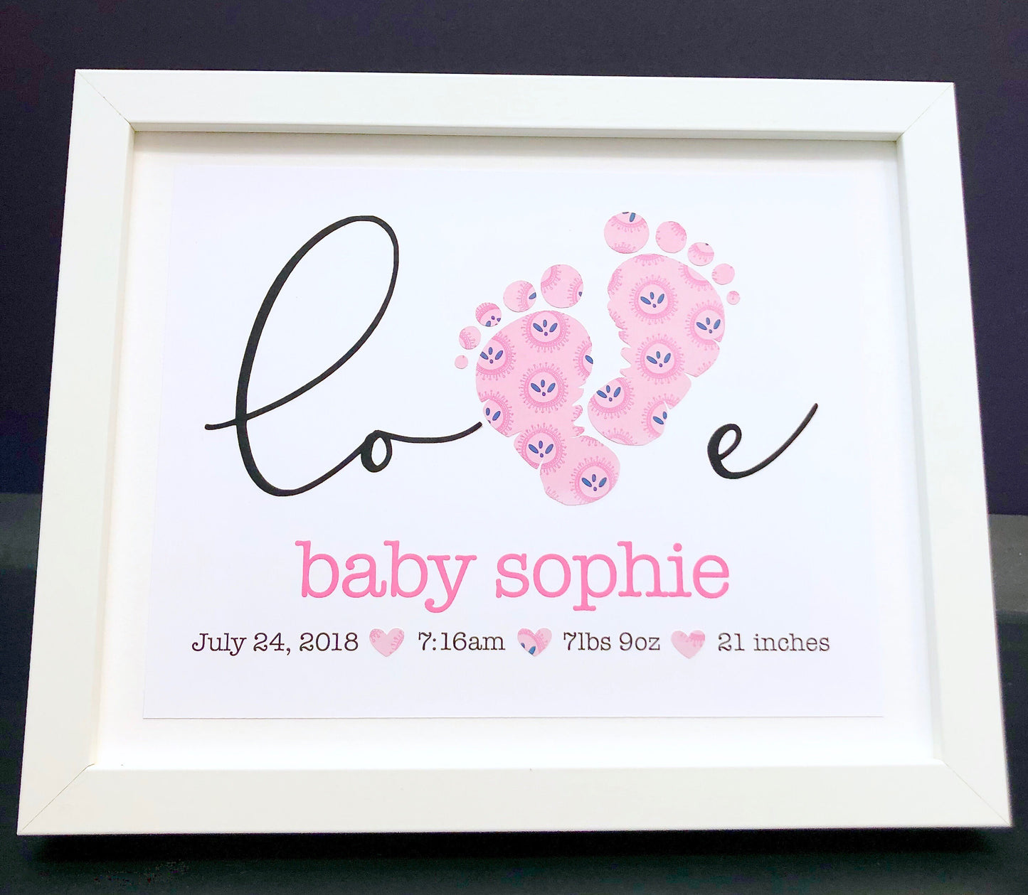 Personalized Baby Name Frame with Baby Footprints, Name & Birth Info, Custom Paper Art, New Baby Shower Gift, Custom Nursery Decor Wall Art