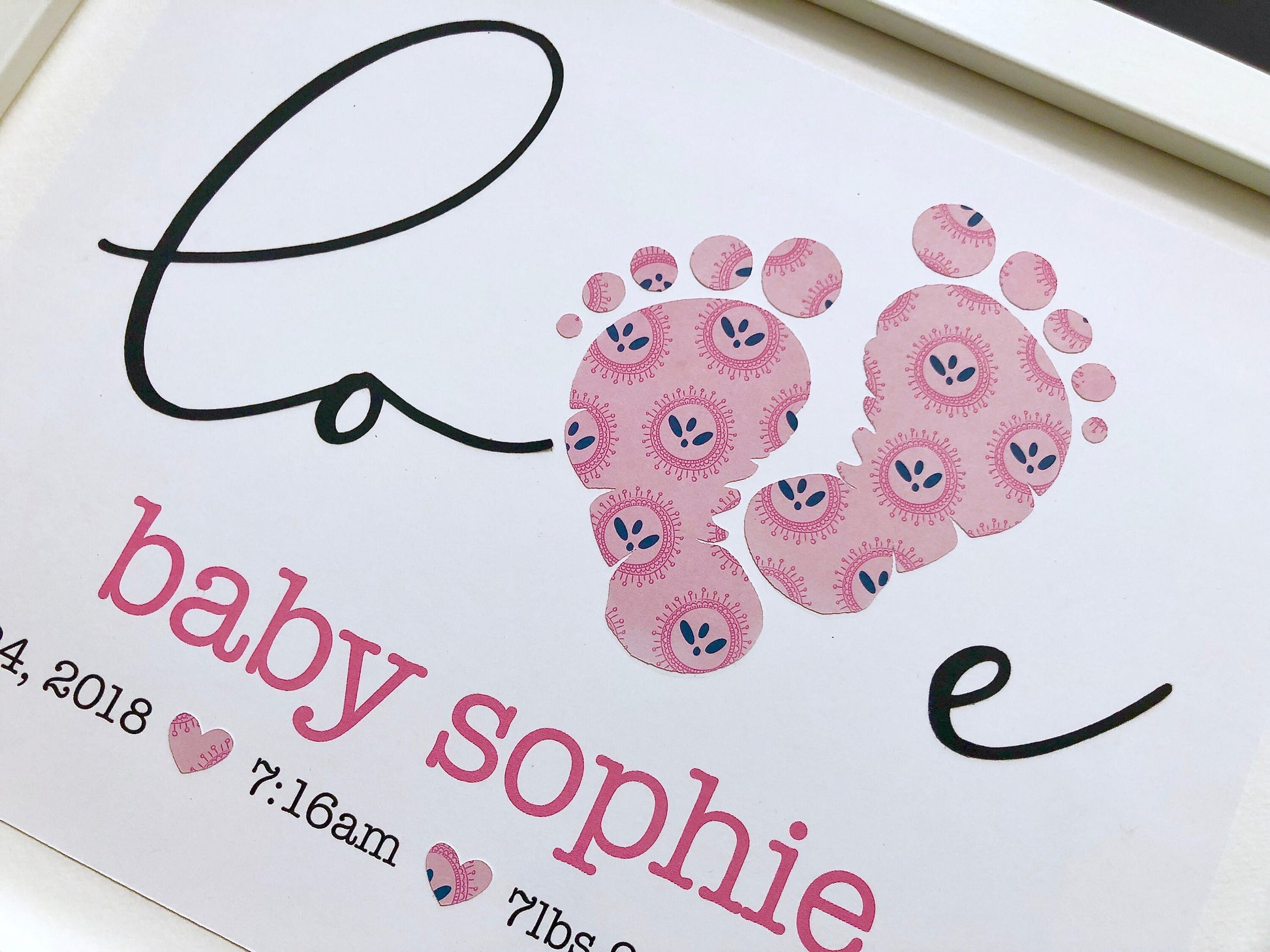 Personalized Baby Name Frame with Baby Footprints, Name & Birth Info, Custom Paper Art, New Baby Shower Gift, Custom Nursery Decor Wall Art