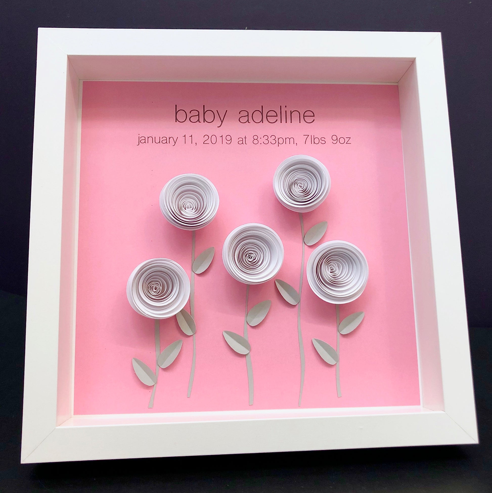 Personalized Baby Girl Name Frame with Paper Roses, Name Frame with Birth Info, Custom Baby Girl Shower Gift, Floral Nursery Decor Wall Art