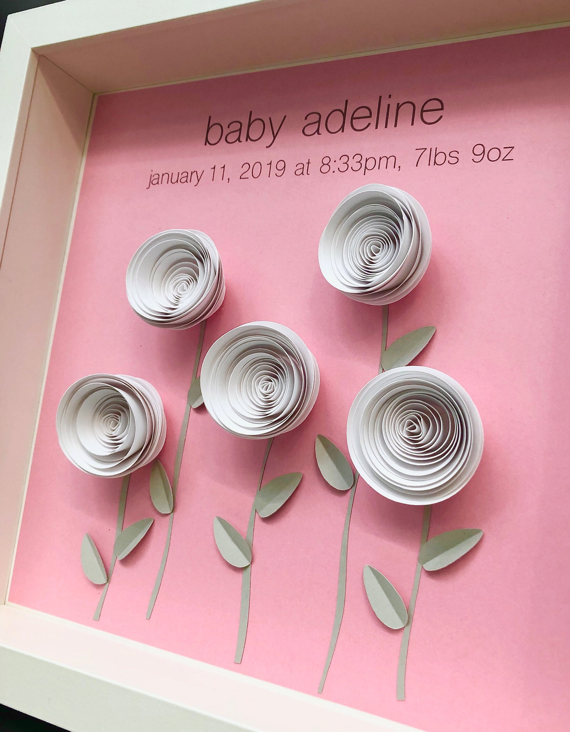 Personalized Baby Girl Name Frame with Paper Roses, Name Frame with Birth Info, Custom Baby Girl Shower Gift, Floral Nursery Decor Wall Art