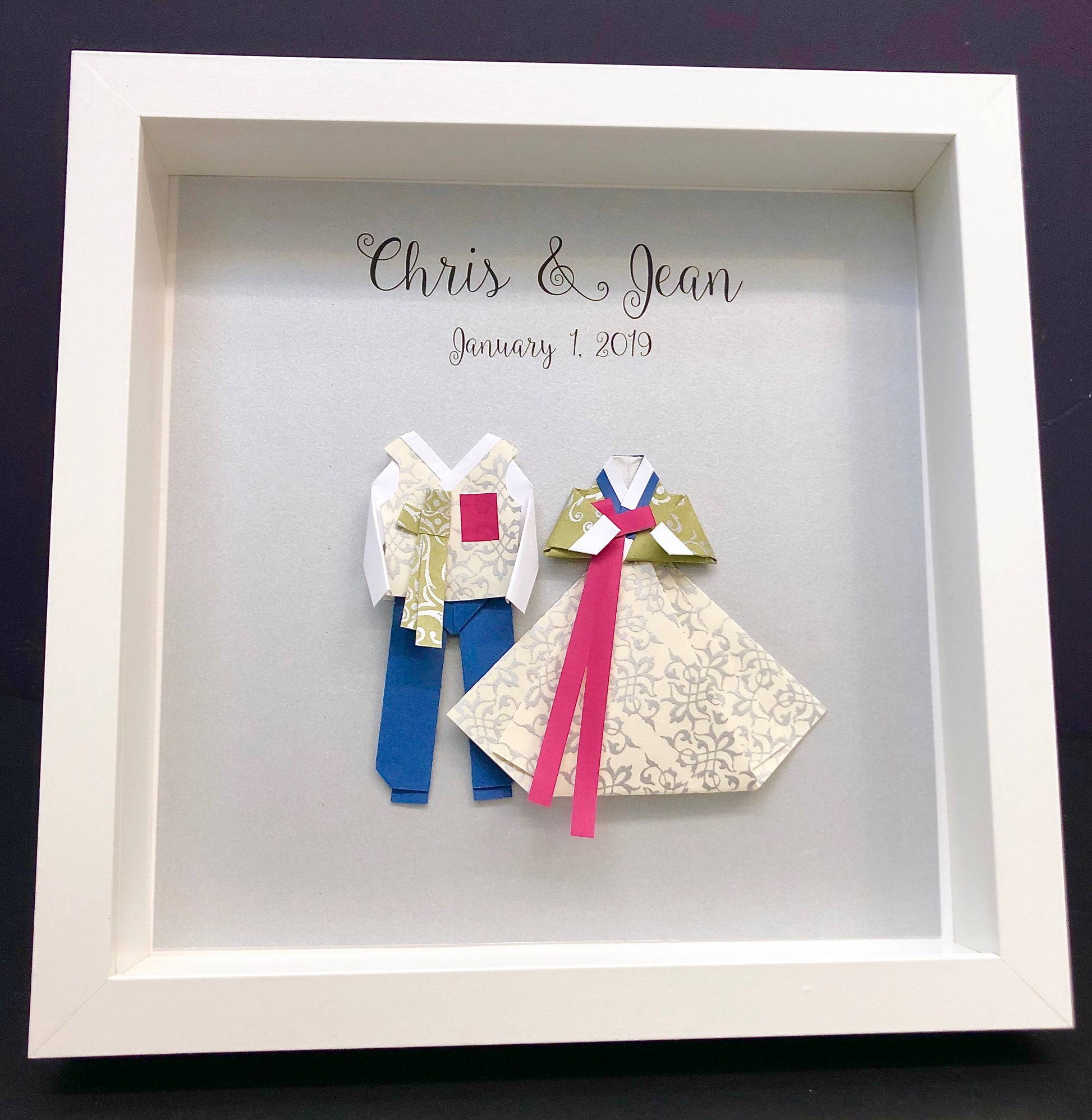 Personalized Korean Hanbok Gift, Wedding and First Anniversary Frame, Traditional Clothing, Paper Origami Bride & Groom Custom Wall Art