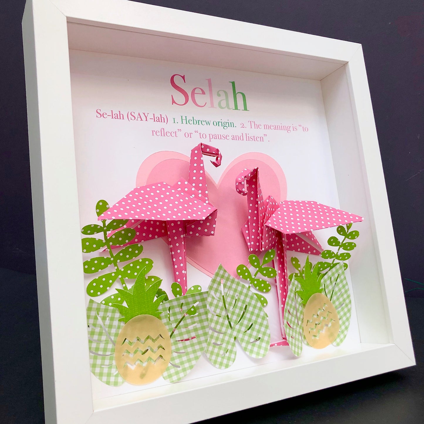 Personalized Baby Girl Frame with Name Origin & Meaning Custom Paper Art of Pink Flamingos for Baby Shower Gift, Pink Flamingo Nursery Decor