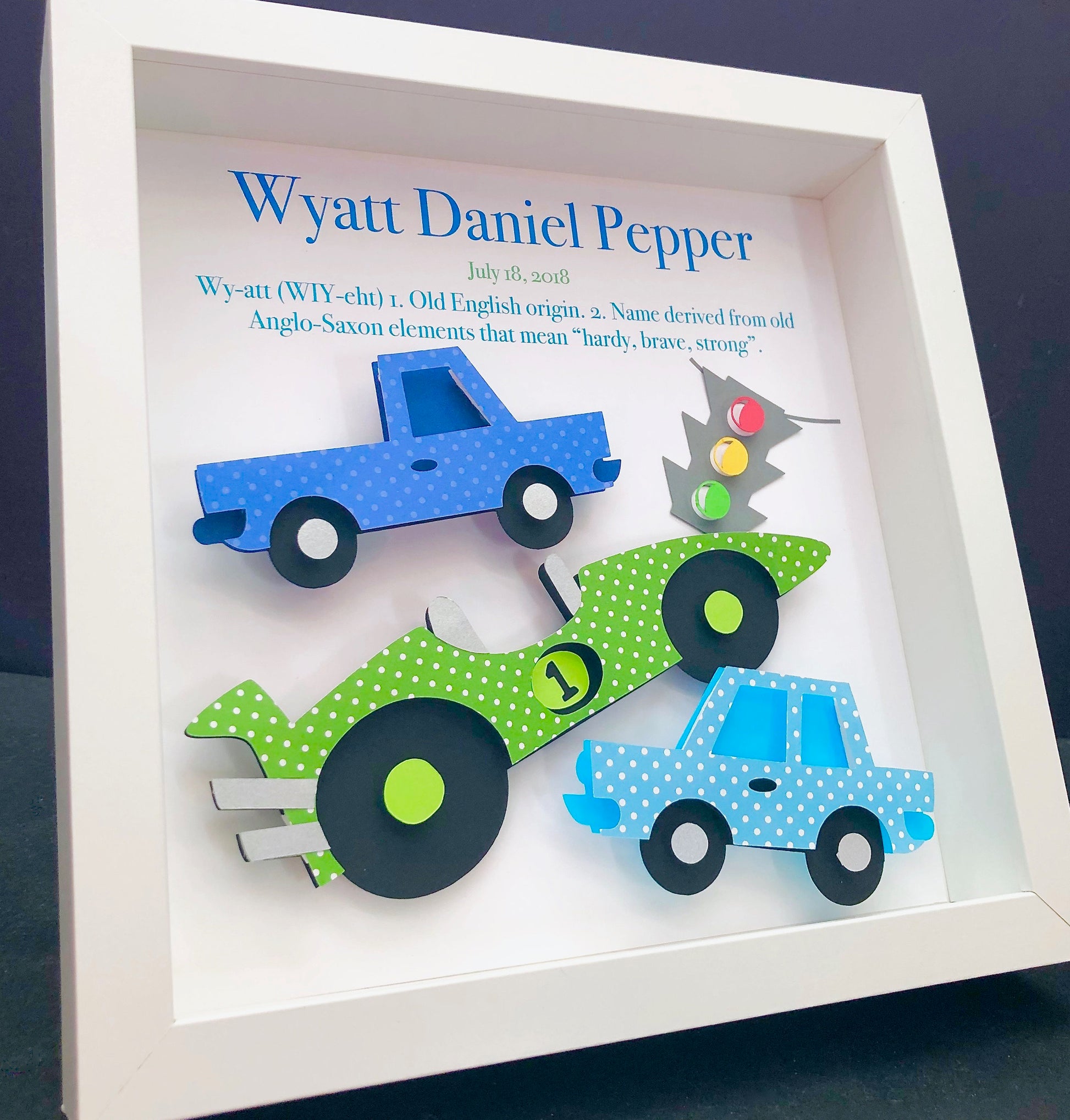 Baby Boy Name Frame with Race Car, Car and Truck, Name Origin and Meaning, Baby Boy Shower Gift, Race Cars Nursery Decor Wall Art