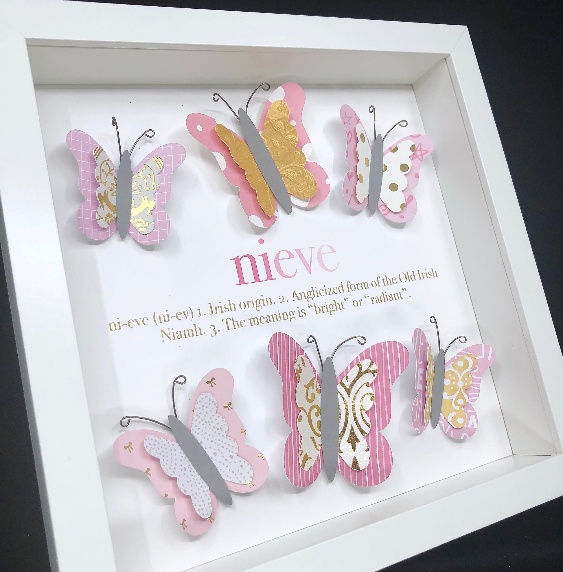 Personalized Baby Girl Butterfly Frame with Name, Origin and Meaning, Baby Girl Shower Gift, Butterfly Nursery Decor Wall Art, Pink & Gold