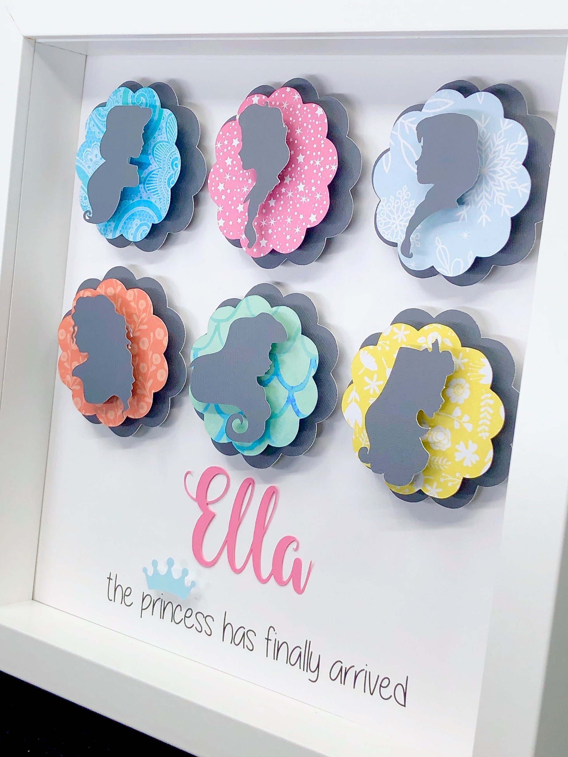 Personalized Baby Girl Princess Name Frame, Ariel, Merida, Aurora, Elsa, Jasmine & Belle, Princess Nursery Decor, Princess Has Arrived Gift