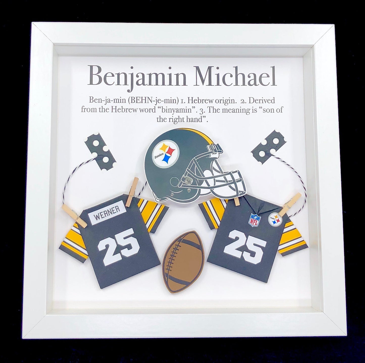 Personalized Baby Boy Frame NFL Pittsburgh Steelers Football Gift with Name, Origin and Meaning, NFL Steelers Shirt, Nursery Decor Wall Art