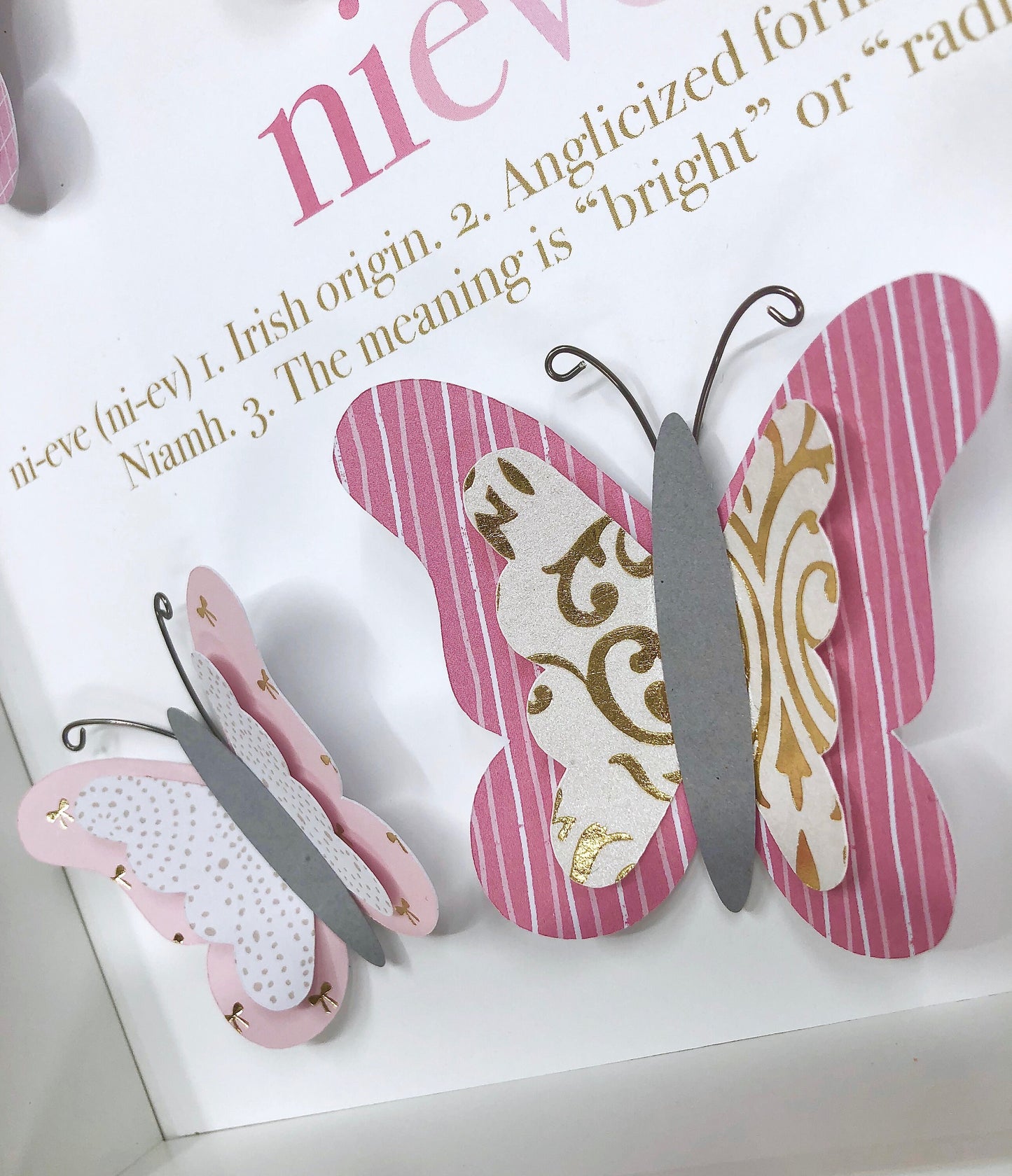 Personalized Baby Girl Butterfly Frame with Name, Origin and Meaning, Baby Girl Shower Gift, Butterfly Nursery Decor Wall Art, Pink & Gold