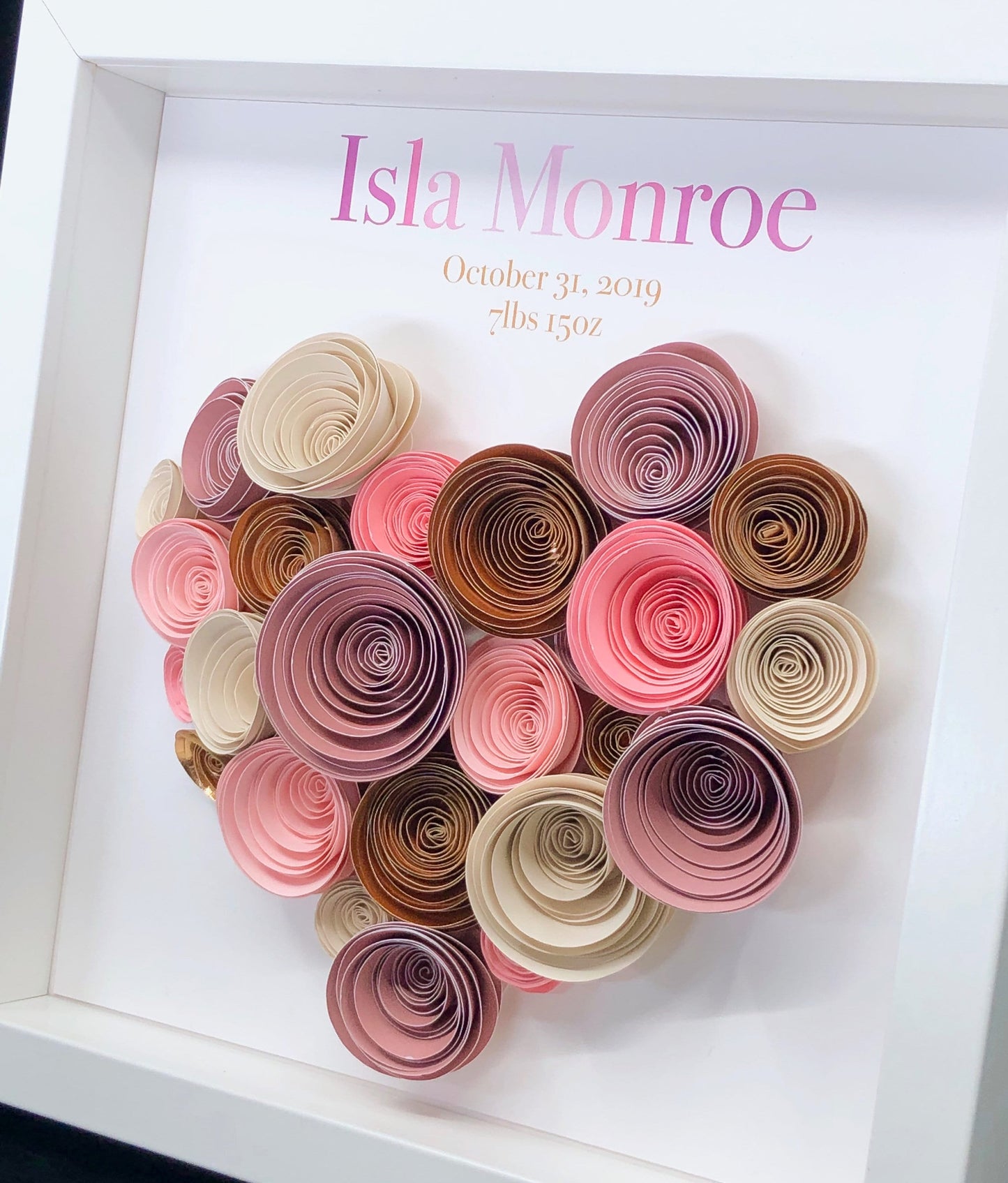 Personalized Baby Girl Name Frame of Paper Roses, Birth Information, Heart Nursery Decor, Pink Rose & Gold Heart, New Baby Girl Shower Gift