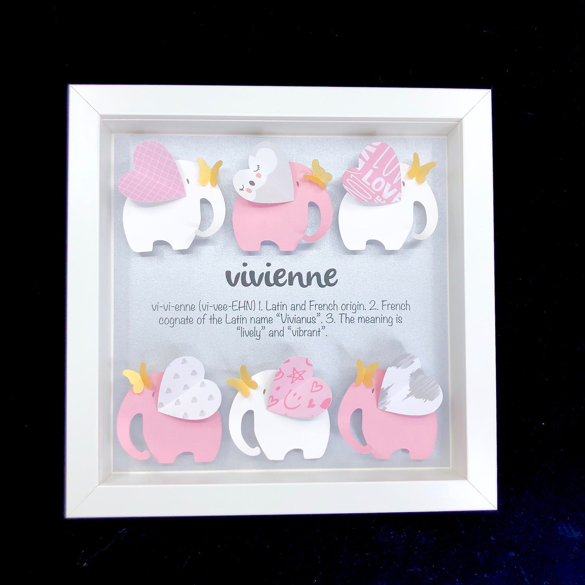 Personalized Baby Girl Name Frame with Pink Elephants, Origin and Meaning, Pink Elephants Nursery Decor Wall Art, New Baby Girl Shower Gift