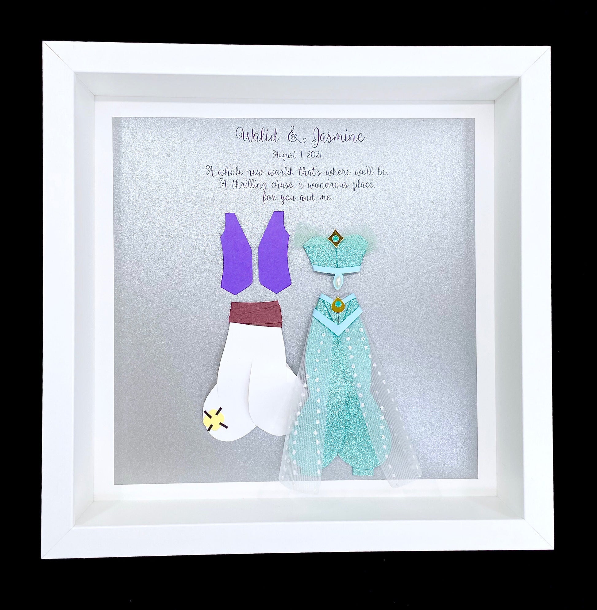 Aladdin Jasmine and Prince Ali Wedding Gift, First Anniversary, Paper Anniversary Gift, Bride & Groom Personalized Frame Custom Wall Art