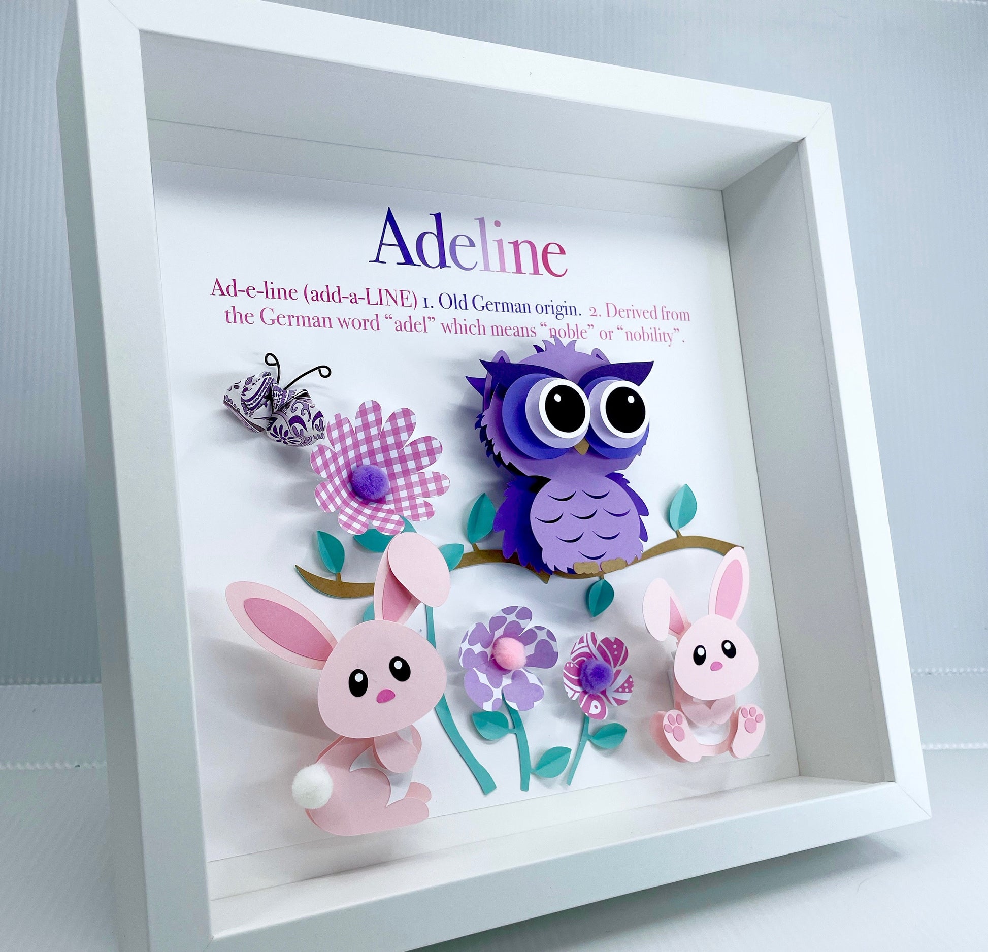 Personalized Baby Frame with Name, Origin & Meaning, Woodland Theme with Owl and Bunnies, Baby Shower Gift, Woodland Nursery Decor Wall Art