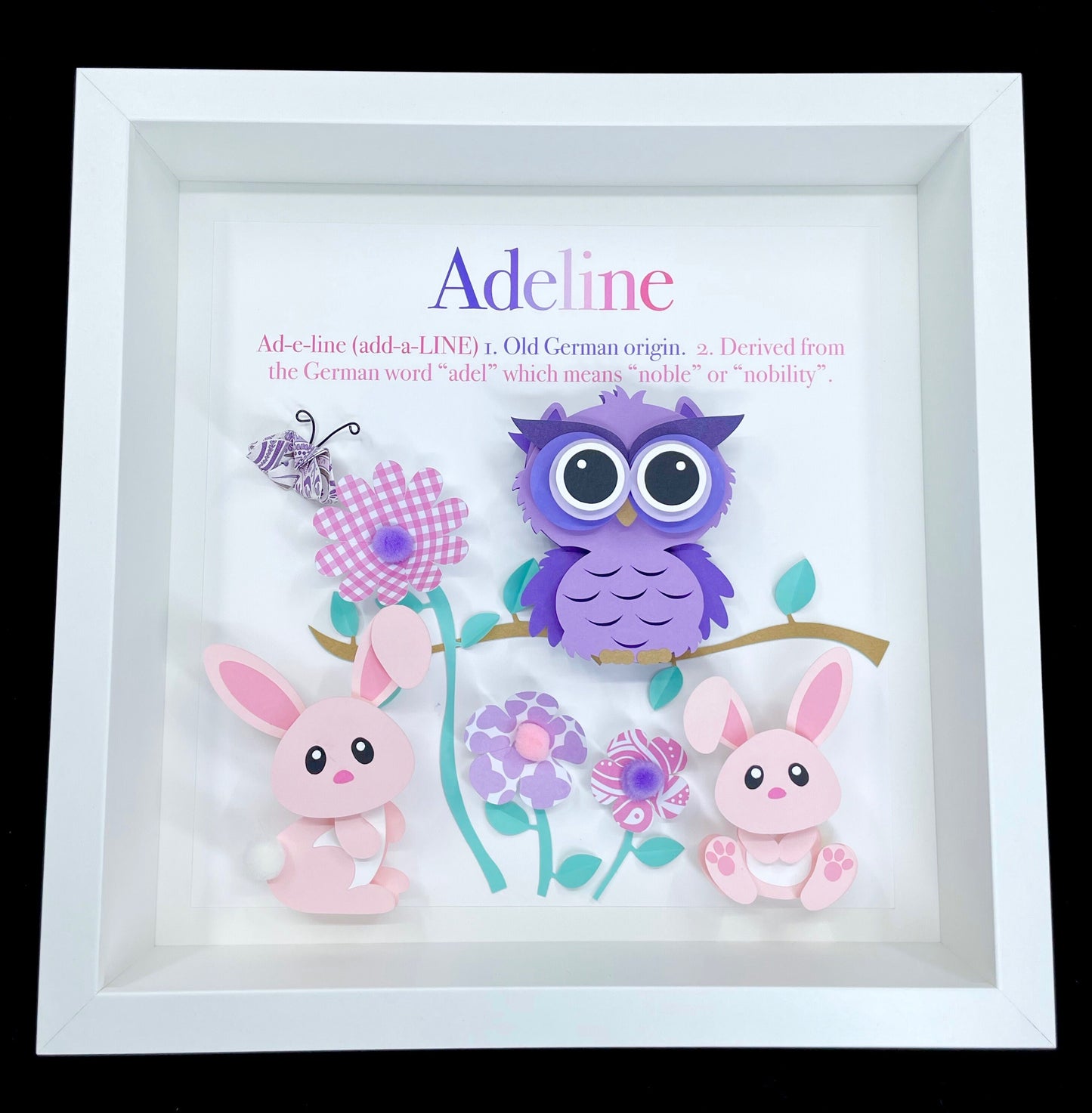 Personalized Baby Frame with Name, Origin & Meaning, Woodland Theme with Owl and Bunnies, Baby Shower Gift, Woodland Nursery Decor Wall Art