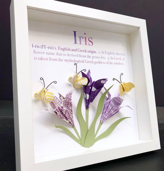 Baby Girl Frame with Name Origin and Meaning Custom Paper Art of Iris & Butterflies for Baby Girl Shower Gift, Nursery Decor Wall Art