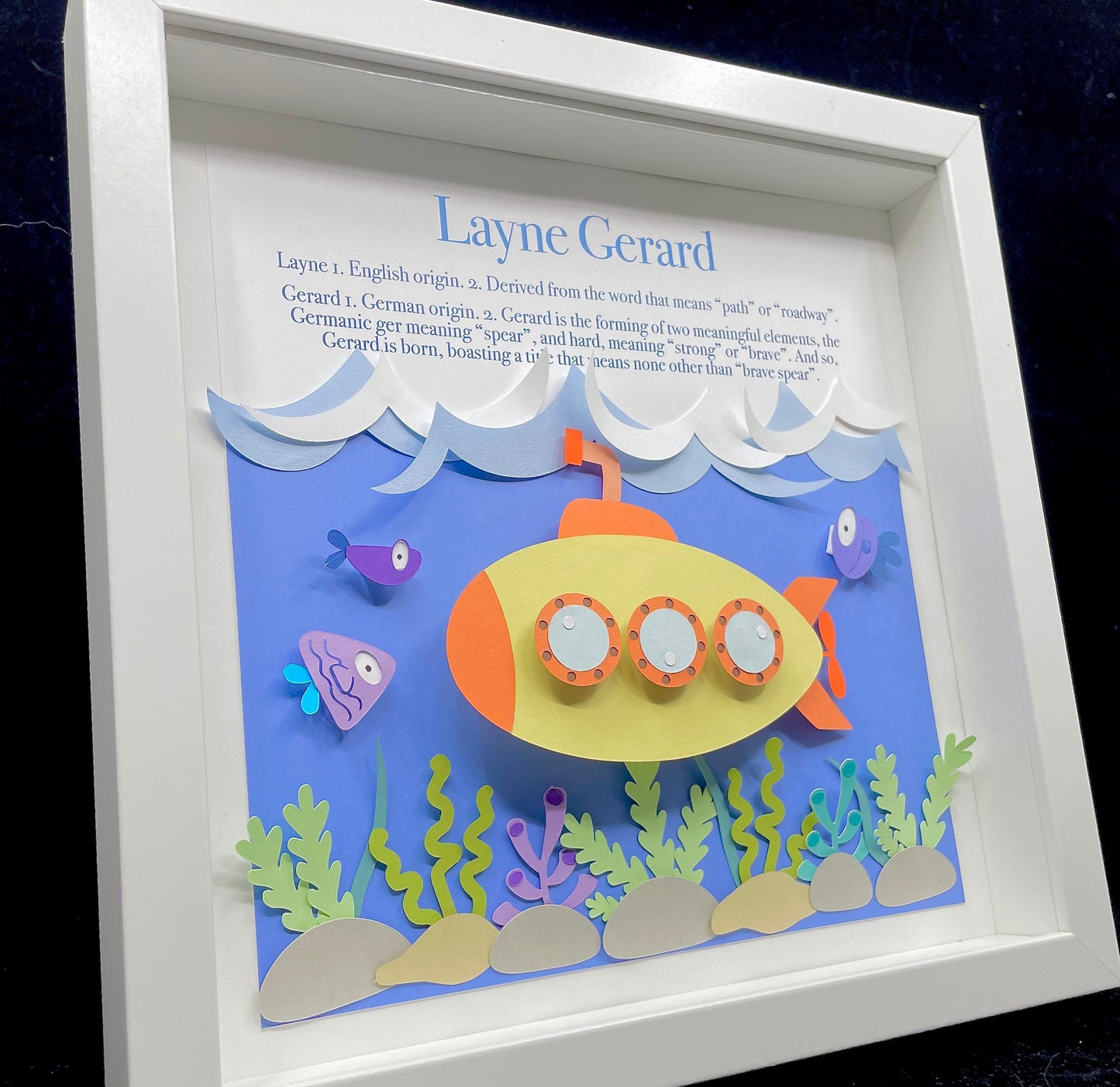 Personalized Baby Name Frame of Ocean Theme and Yellow Submarine, Name, Origin & Meaning, New Baby Shower Gift, Underwater Nursery Decor