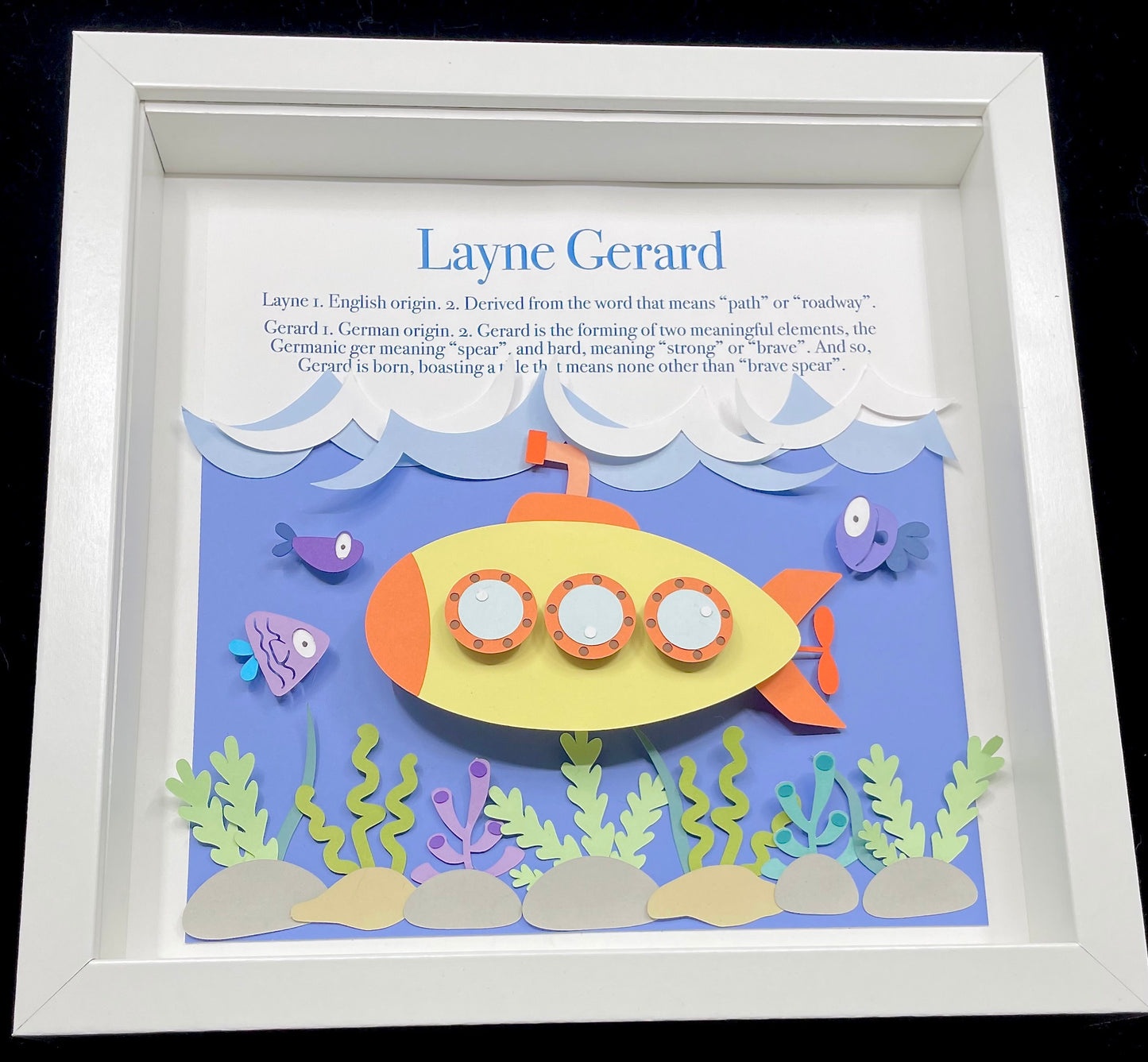 Personalized Baby Name Frame of Ocean Theme and Yellow Submarine, Name, Origin & Meaning, New Baby Shower Gift, Underwater Nursery Decor