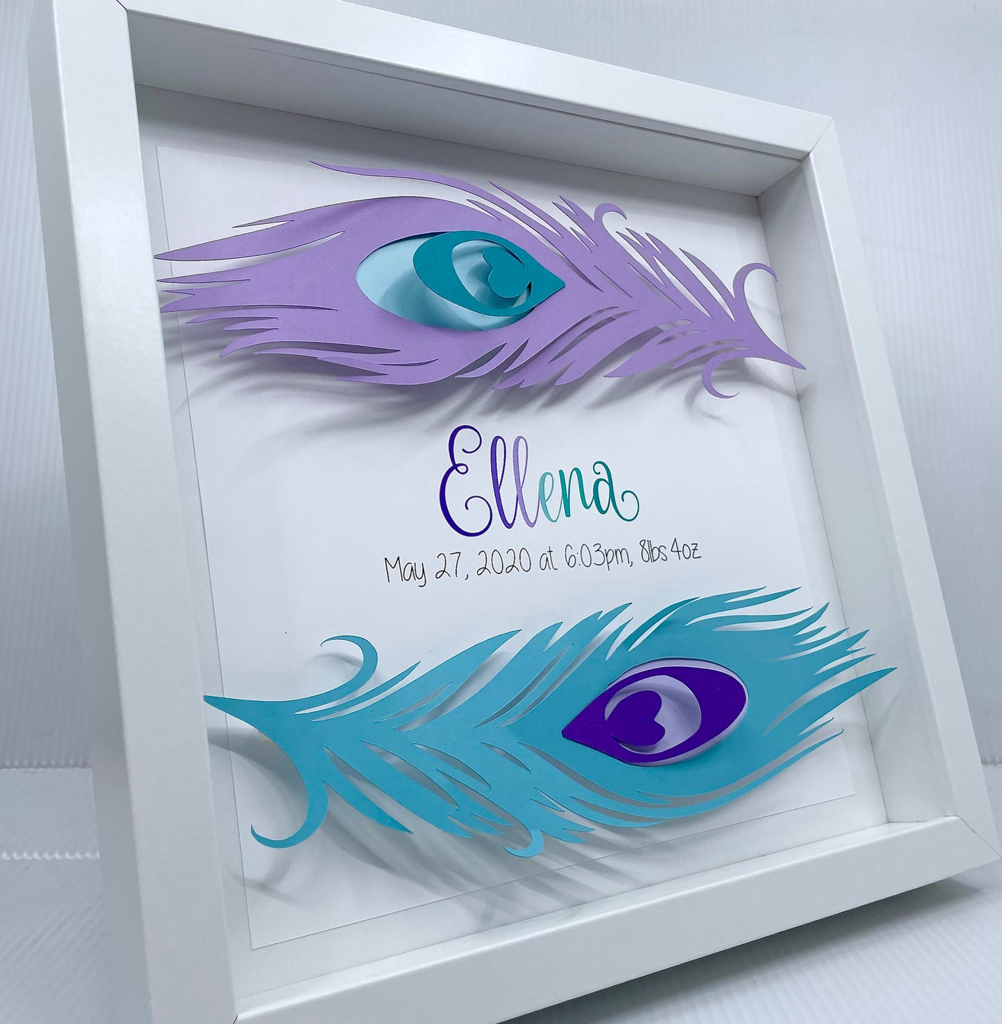 Personalized Baby Girl Name Frame with Boho Peacock Feathers, Name & Birth Information, Boho Feathers, Nursery Decor, Baby Girl Shower Gift