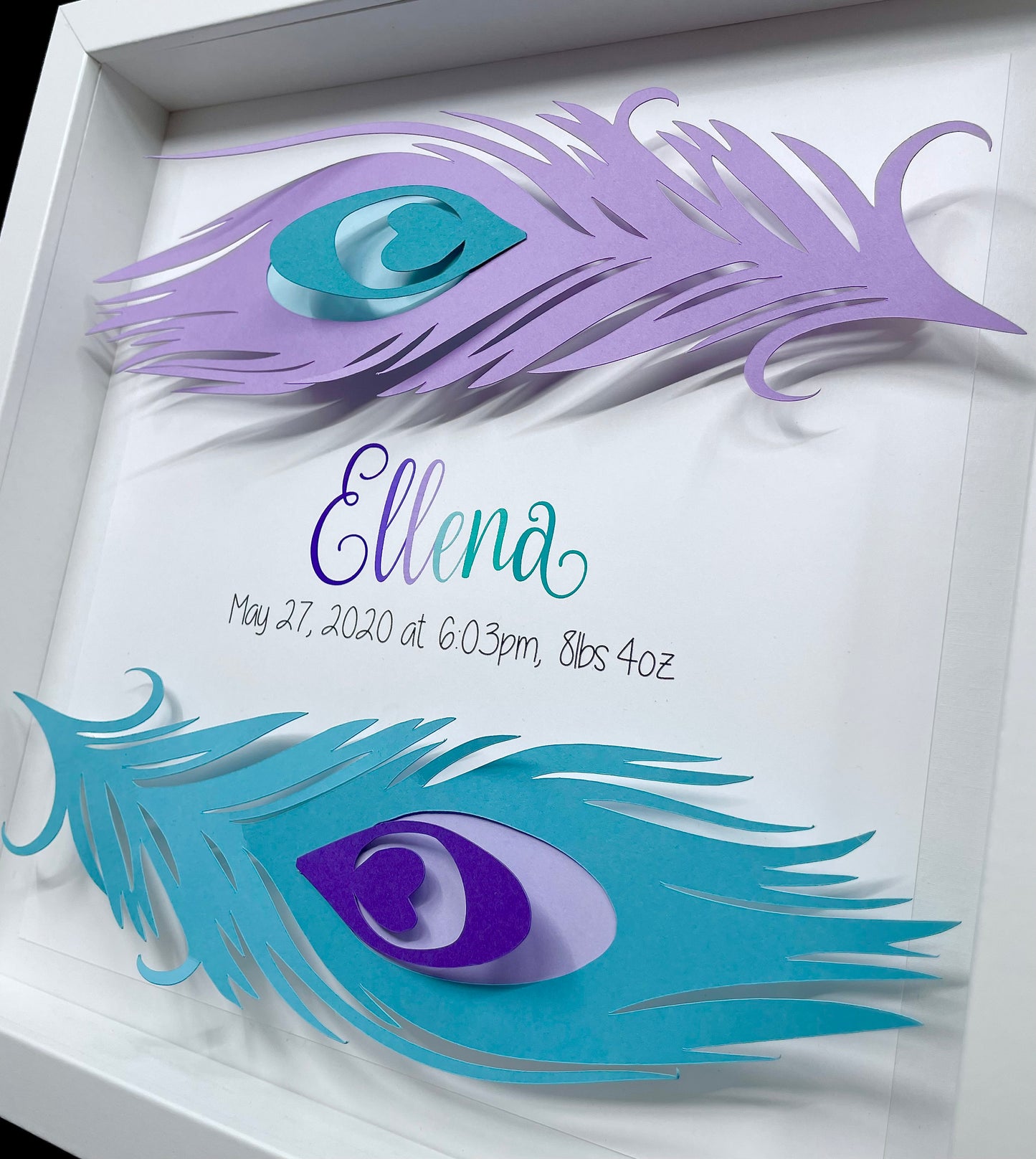 Personalized Baby Girl Name Frame with Boho Peacock Feathers, Name & Birth Information, Boho Feathers, Nursery Decor, Baby Girl Shower Gift