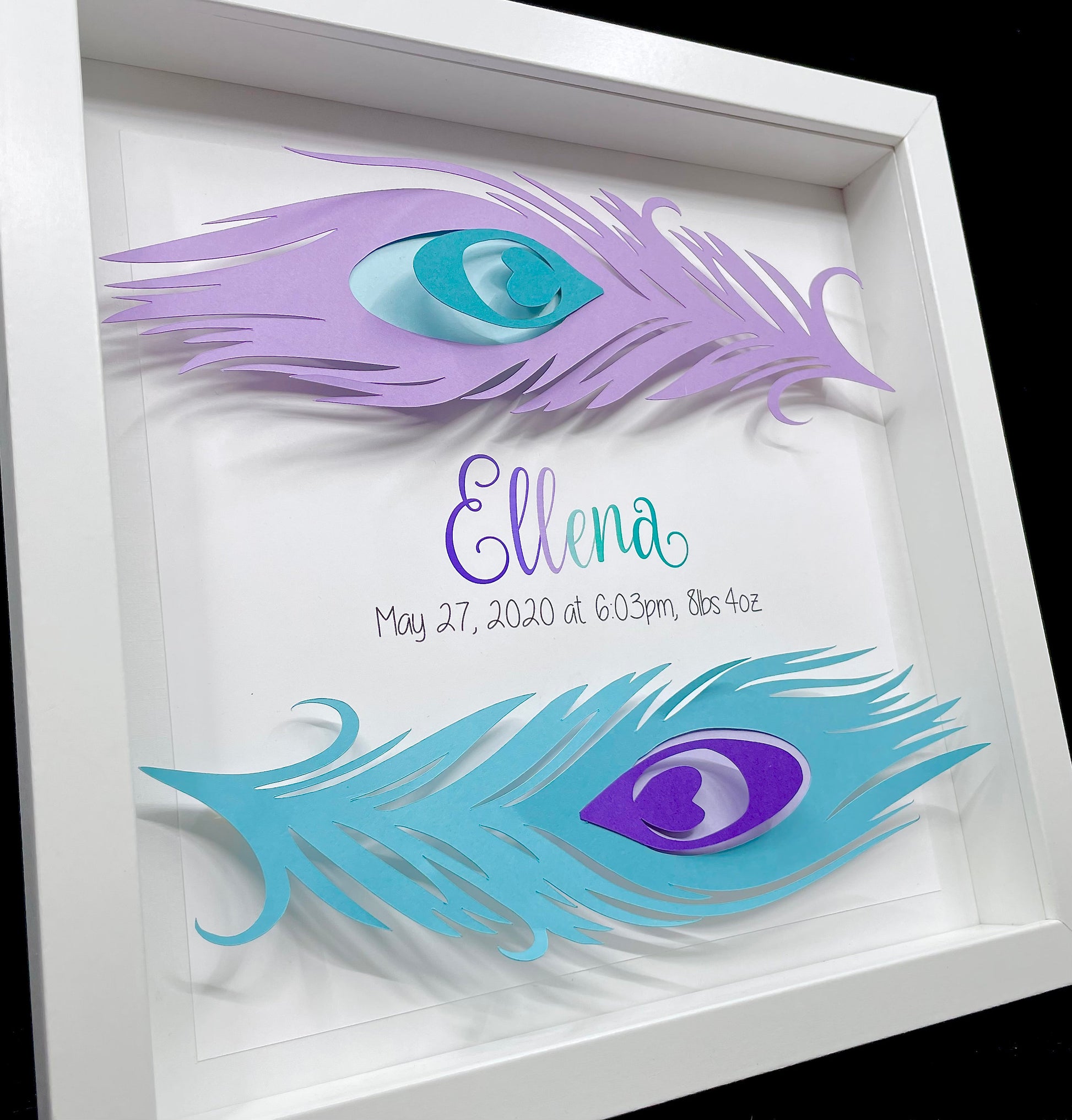 Personalized Baby Girl Name Frame with Boho Peacock Feathers, Name & Birth Information, Boho Feathers, Nursery Decor, Baby Girl Shower Gift