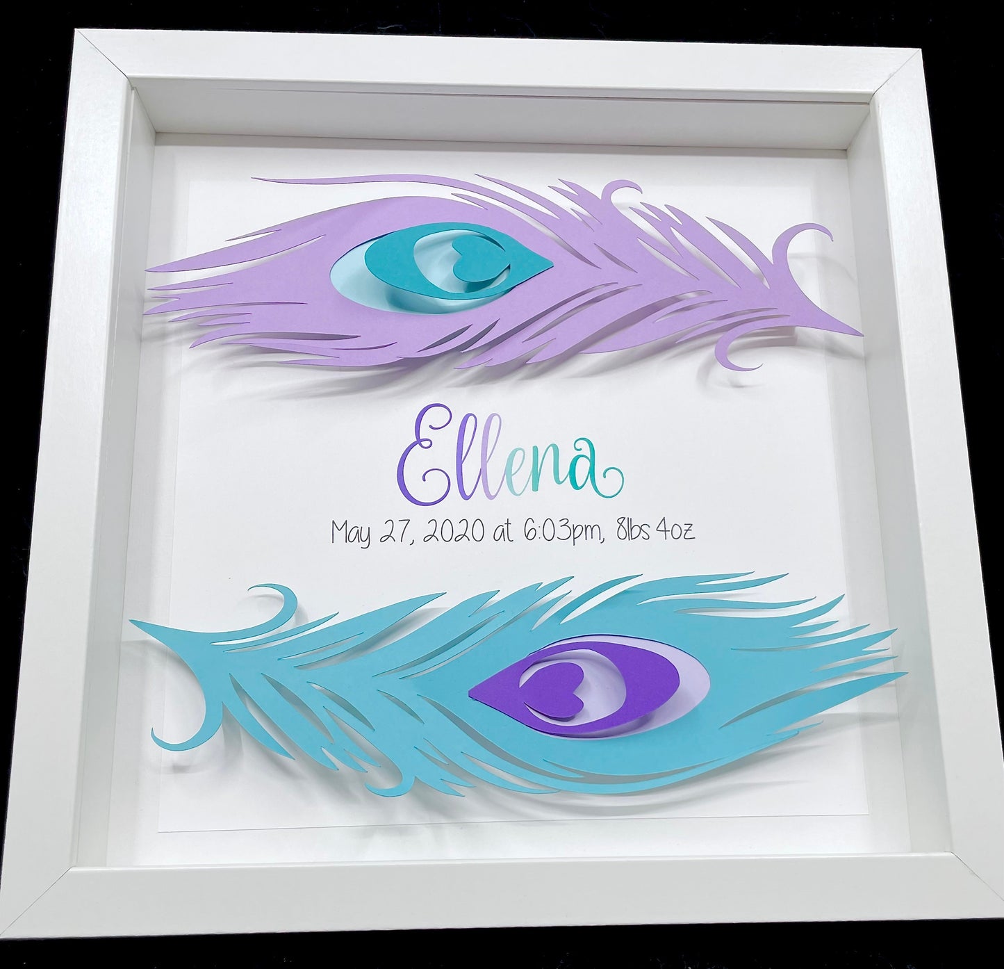 Personalized Baby Girl Name Frame with Boho Peacock Feathers, Name & Birth Information, Boho Feathers, Nursery Decor, Baby Girl Shower Gift