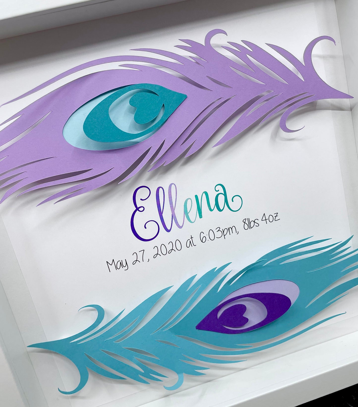 Personalized Baby Girl Name Frame with Boho Peacock Feathers, Name & Birth Information, Boho Feathers, Nursery Decor, Baby Girl Shower Gift