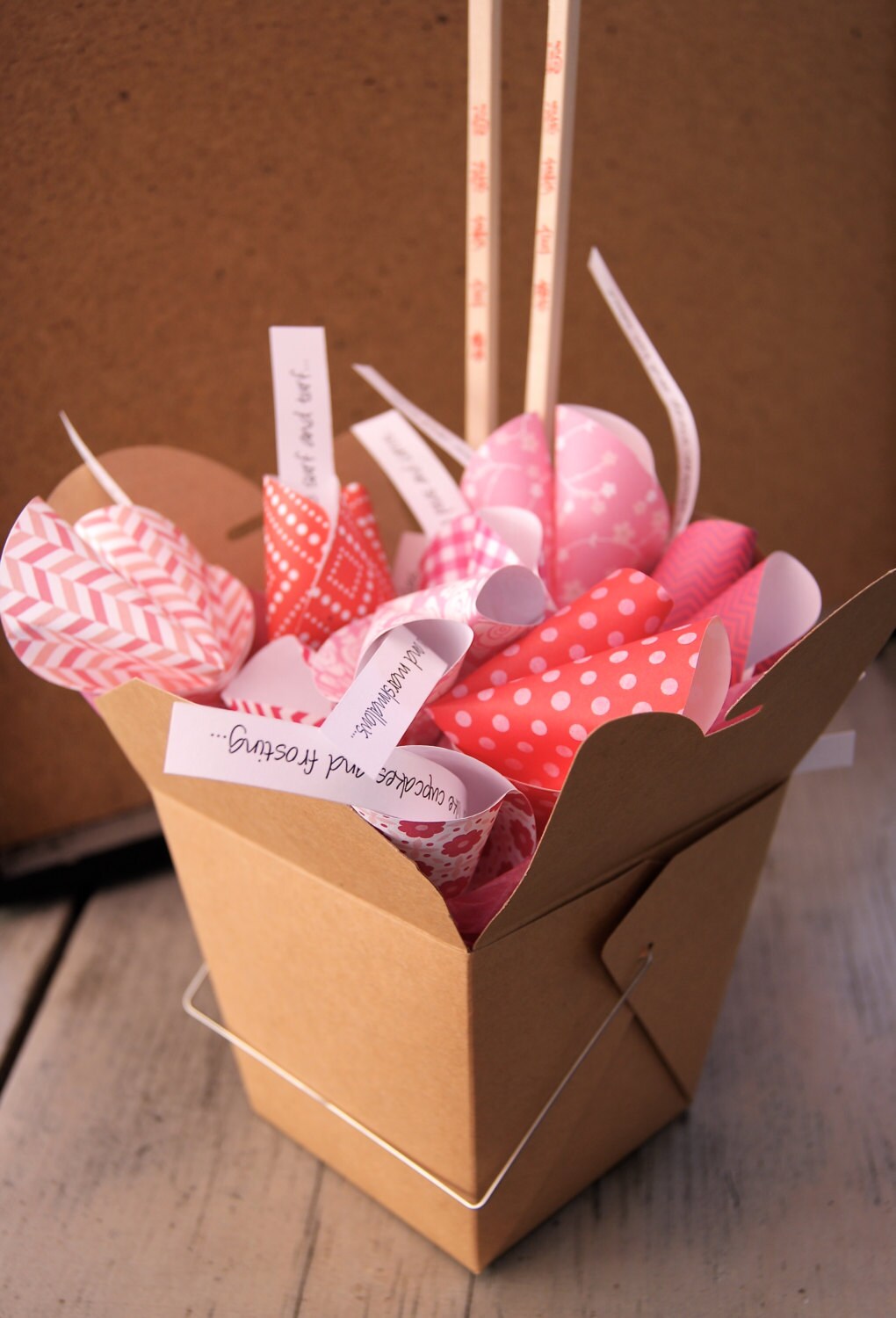 Personalized Valentine's Day Gift of Paper Fortune Cookies in Takeout Box with Chopsticks, Custom Love Fortunes, Paper Anniversary Gift