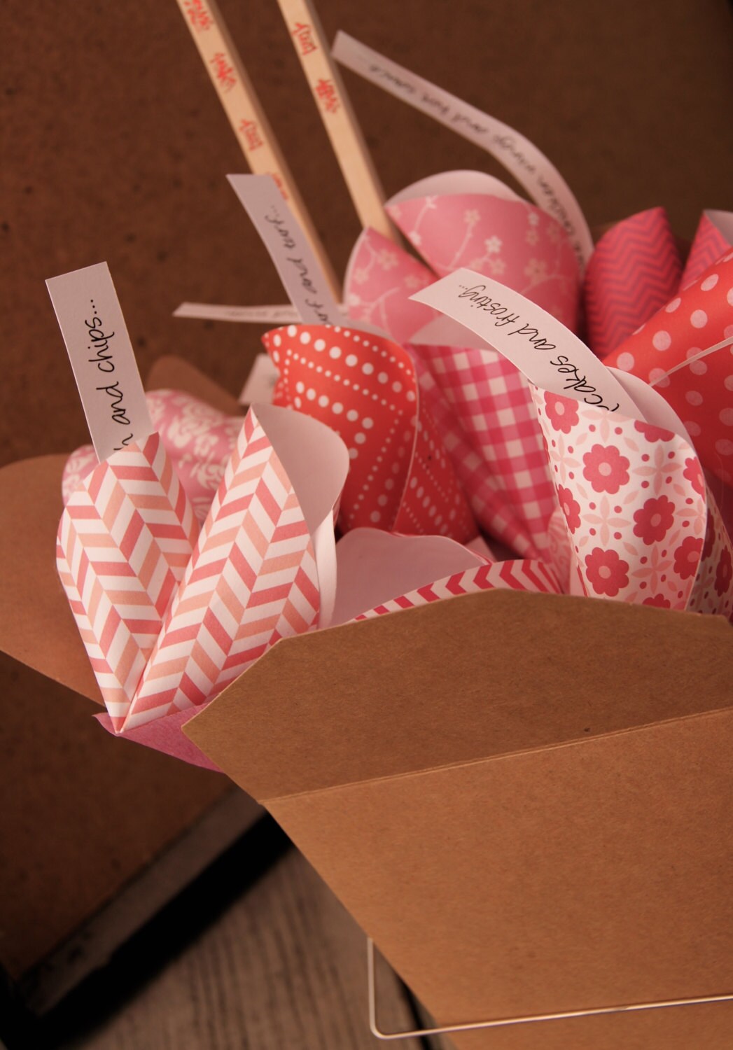 Personalized Valentine's Day Gift of Paper Fortune Cookies in Takeout Box with Chopsticks, Custom Love Fortunes, Paper Anniversary Gift