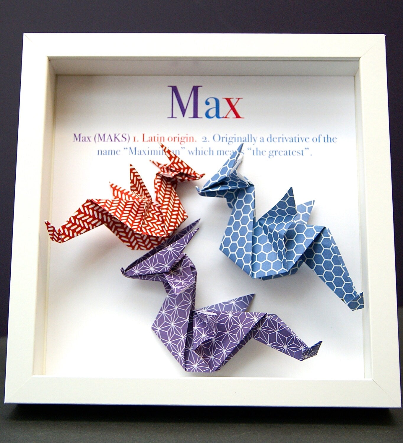 Personalized Name Frame with Origin and Meaning, Paper Origami Dragons Shadowbox Custom Baby Shower Gift, Dragon Nursery Decor Wall Art