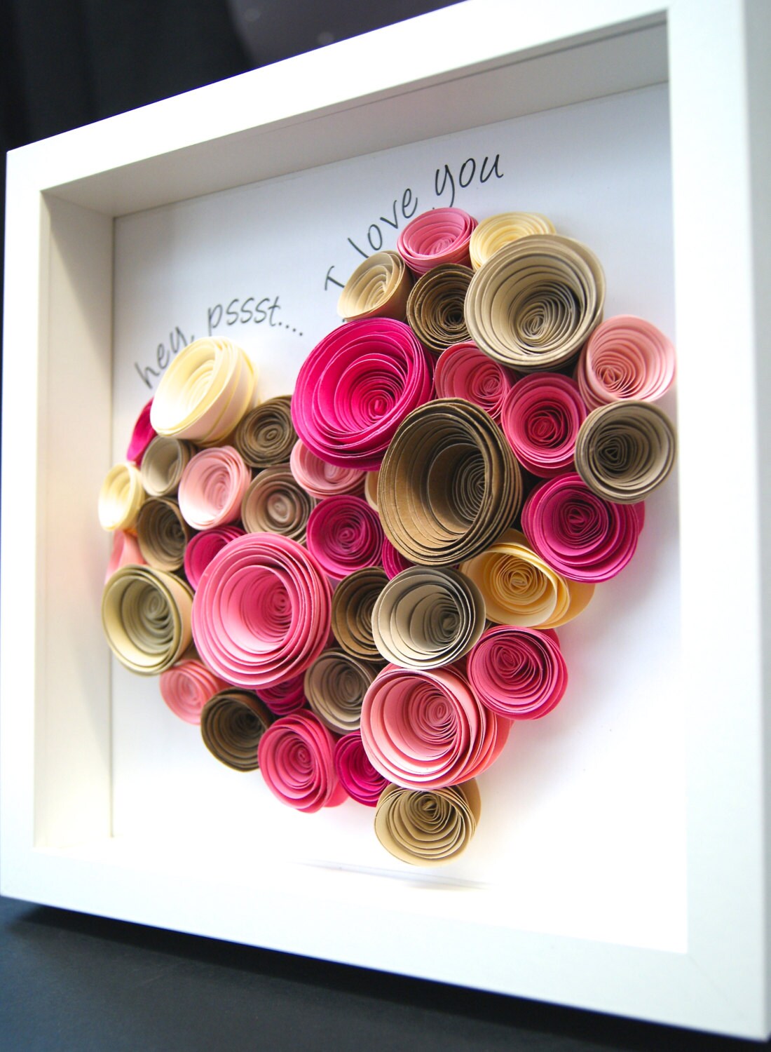 I Love You Valentine's Frame of Large Heart made up of Paper Roses for Wedding Anniversary Engagement Custom Wall Art, Paper Anniversary