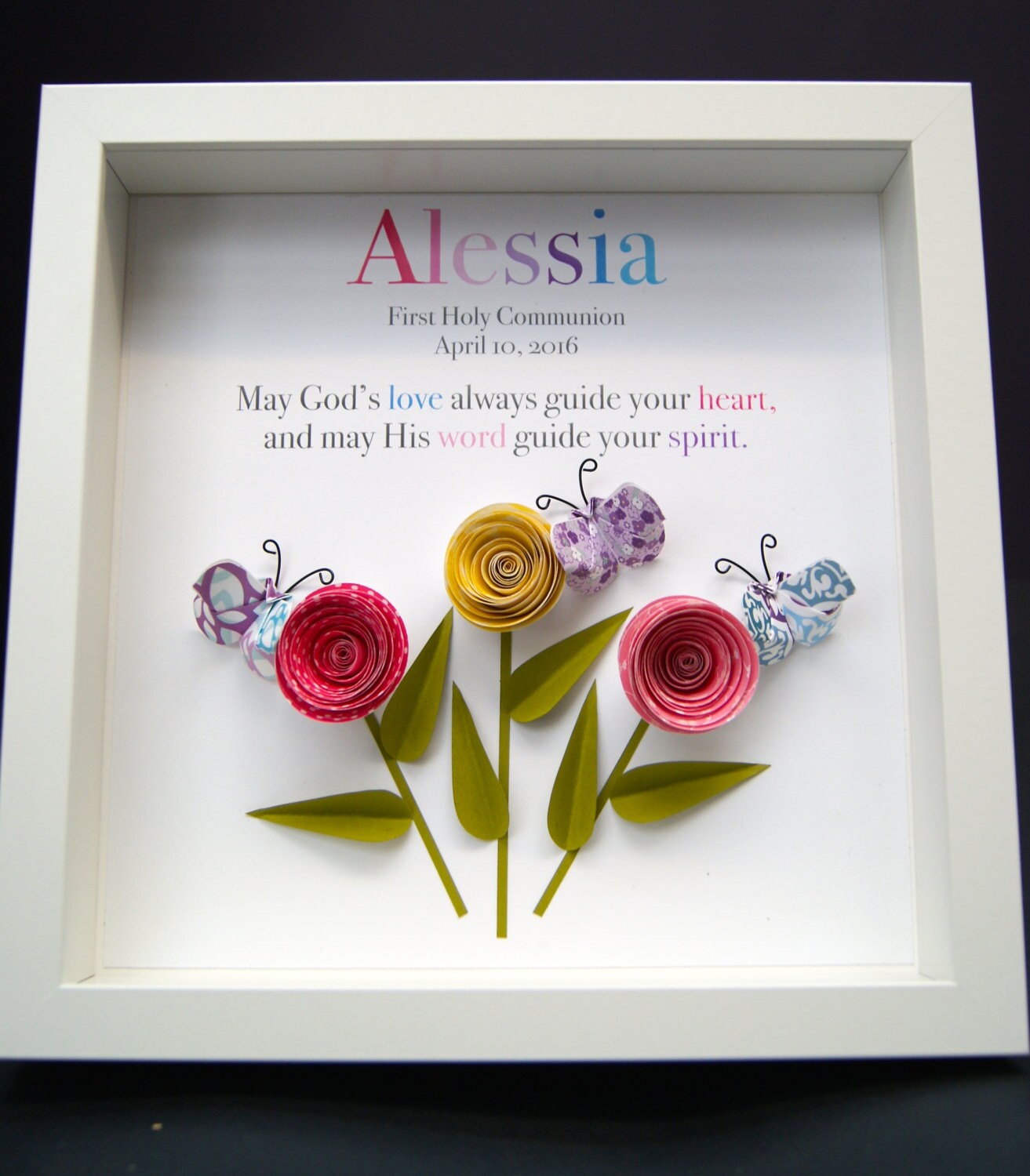 Personalized Baby Girl Communion Frame, Custom Paper Art of Roses & Butterflies for Baby Girl, First Communion Gift, Custom Communion Gift