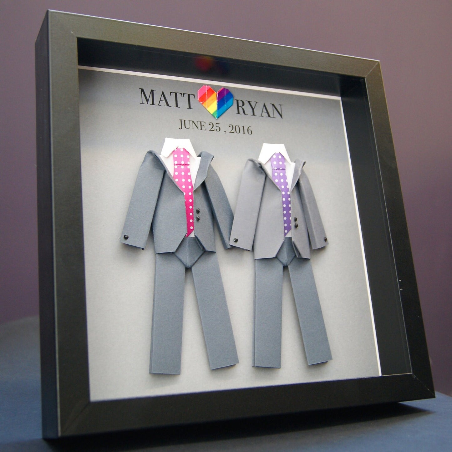 Personalized Gay Same Sex LGBTQ Wedding Gift, Engagement, First Anniversary Gift Paper Origami Groom & Groom Shadowbox Frame Custom Art Gift