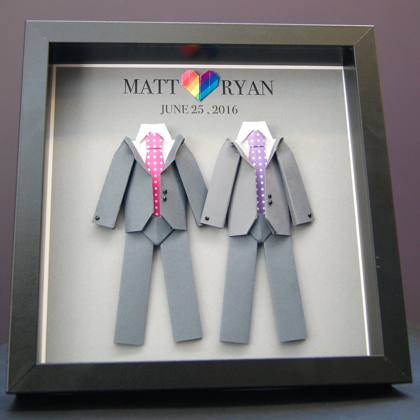 Personalized Gay Same Sex LGBTQ Wedding Gift, Engagement, First Anniversary Gift Paper Origami Groom & Groom Shadowbox Frame Custom Art Gift