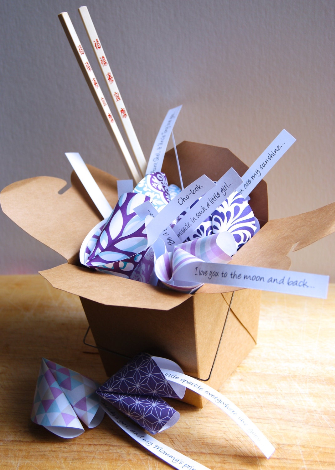 Custom Personalized Paper Fortune Cookies in Takeout Box and Chopsticks with Customized Messages Baby Shower Korean Baek-il