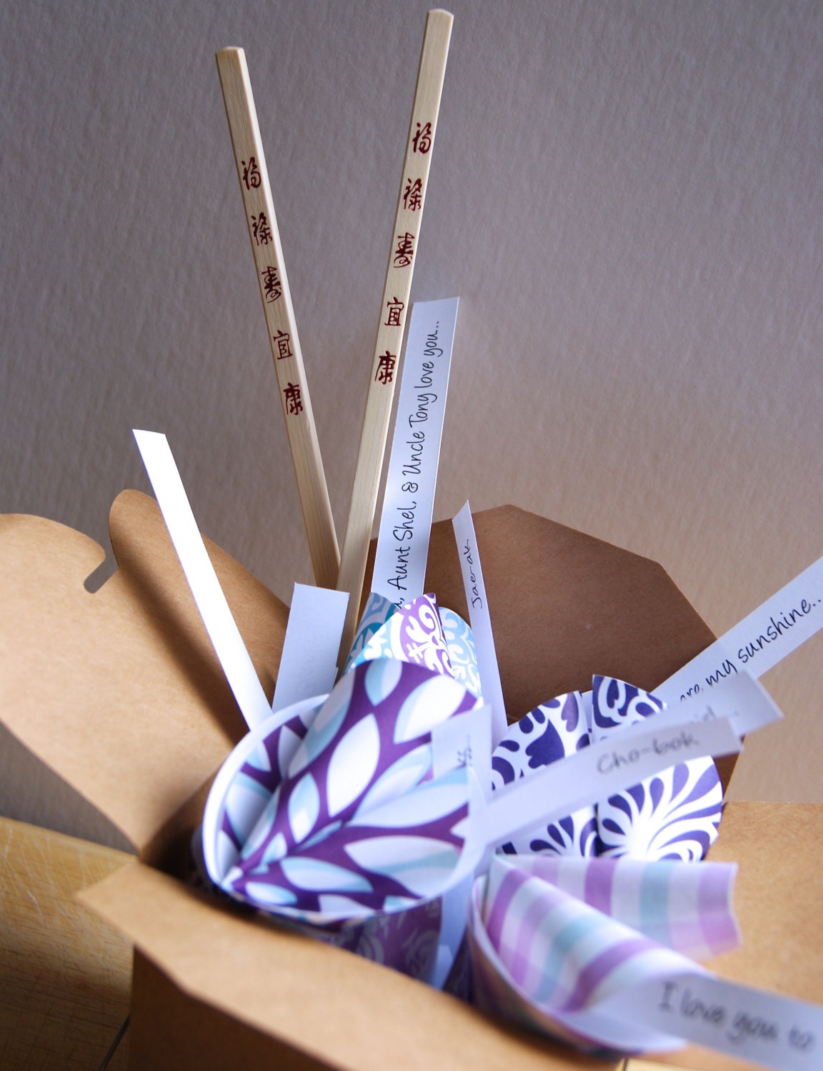 Custom Personalized Paper Fortune Cookies in Takeout Box and Chopsticks with Customized Messages Baby Shower Korean Baek-il