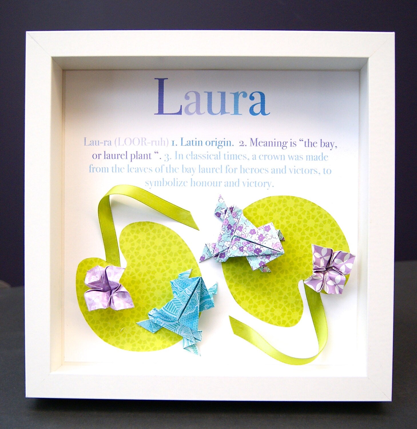 Baby Name Frame with Origin and Meaning, Paper Frogs & Lily Pads, Baby Frogs Nursery Decor Wall Art, Baby Shower Gift, Origami Jumping Frogs