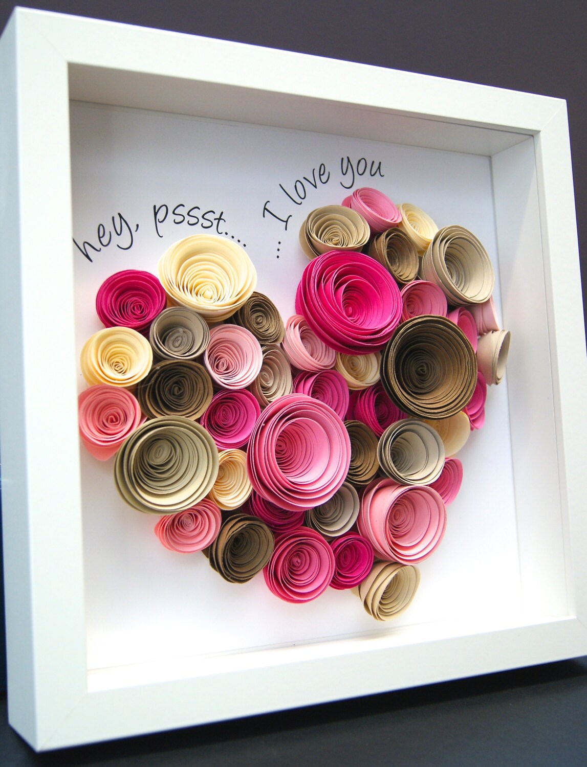 I Love You Valentine's Frame of Large Heart made up of Paper Roses for Wedding Anniversary Engagement Custom Wall Art, Paper Anniversary