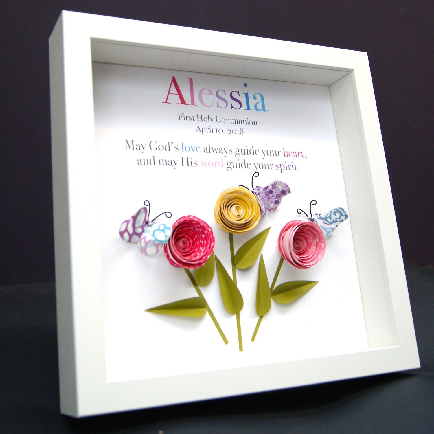 Personalized Baby Girl Communion Frame, Custom Paper Art of Roses & Butterflies for Baby Girl, First Communion Gift, Custom Communion Gift