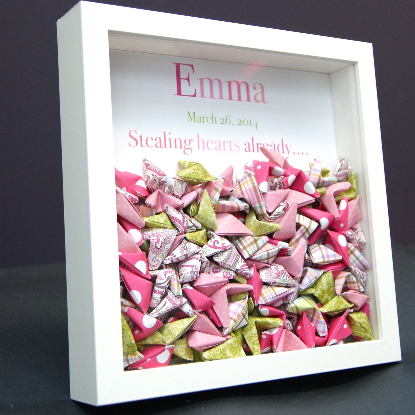 Personalized Baby Girl Lucky Hearts Name Frame of Paper Origami Hearts in Shadowbox, New Baby Girl Gift, Pink Hearts Nursery Decor Wall Art